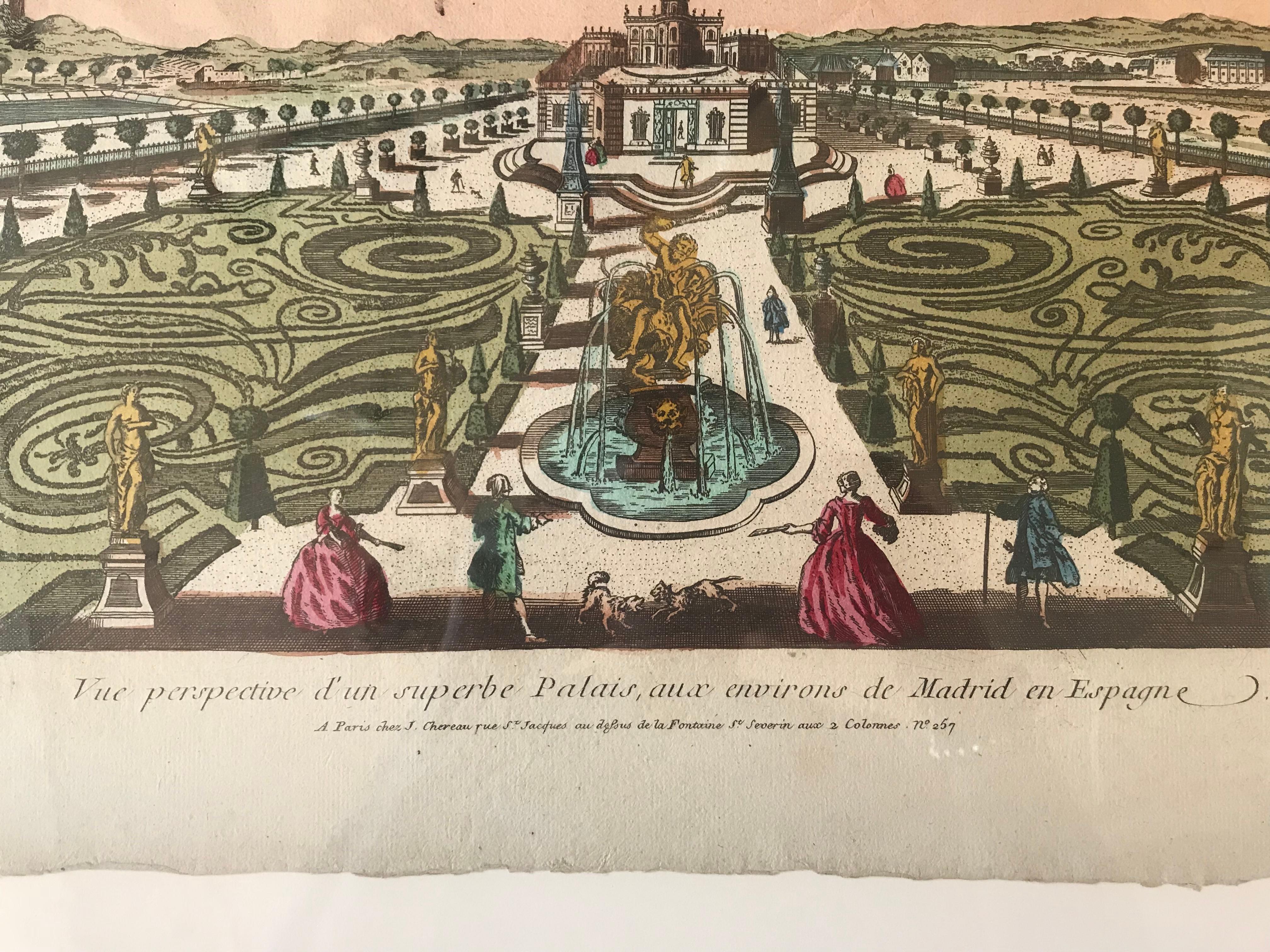French 18th Century Vue d’Optique Hand-Colored Engraving of a Spanish Palace, Madrid For Sale