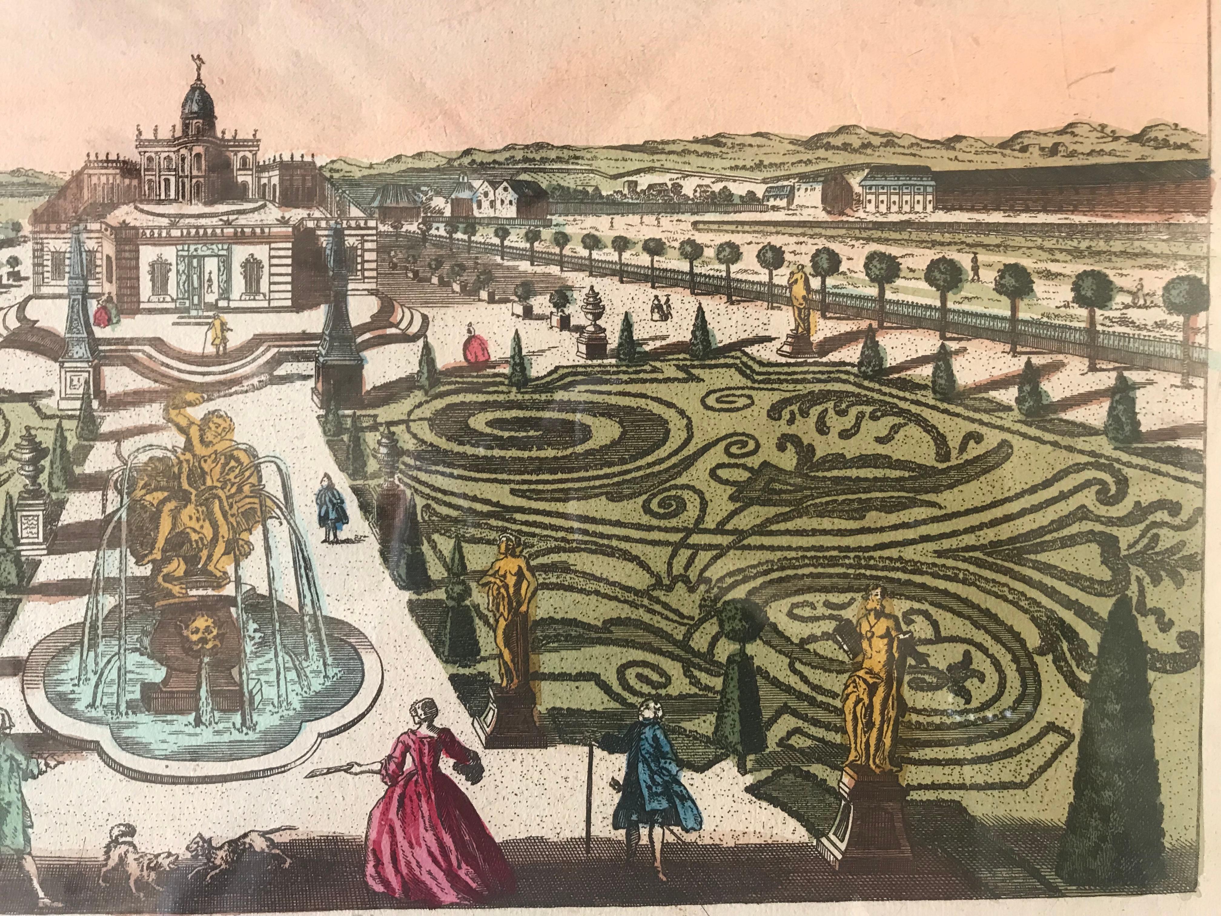 18th Century Vue d’Optique Hand-Colored Engraving of a Spanish Palace, Madrid In Excellent Condition For Sale In Boston, MA