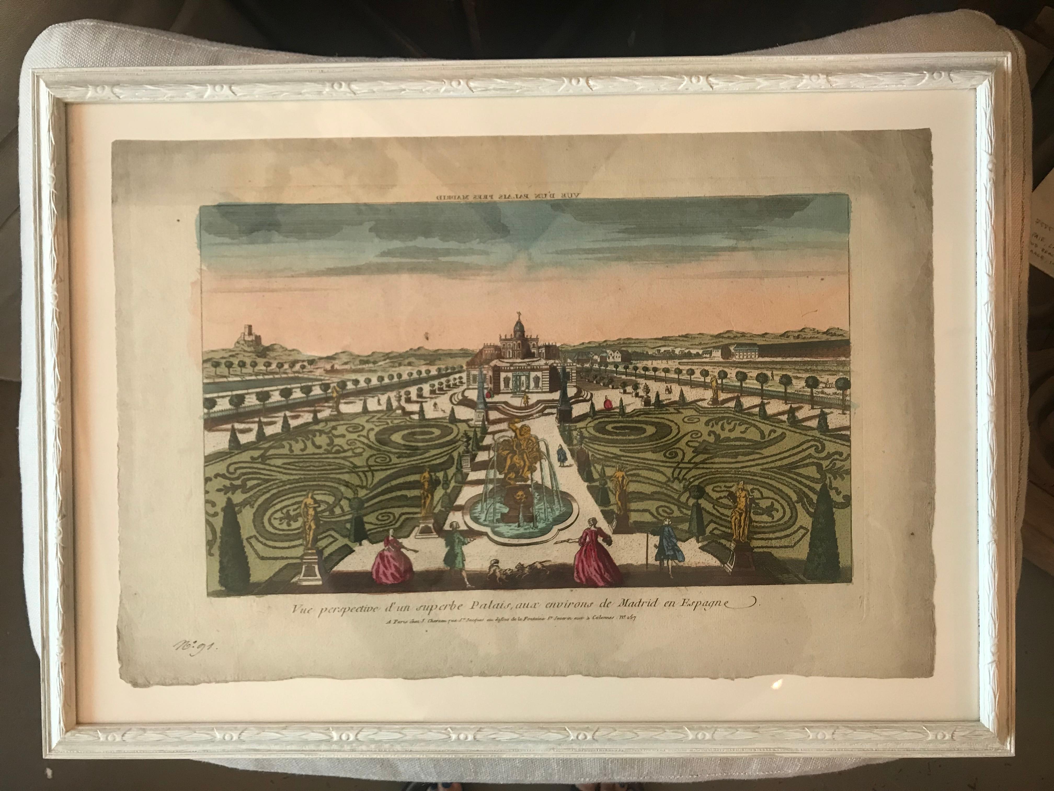 18th Century Vue d’Optique Hand-Colored Engraving of a Spanish Palace, Madrid For Sale 4