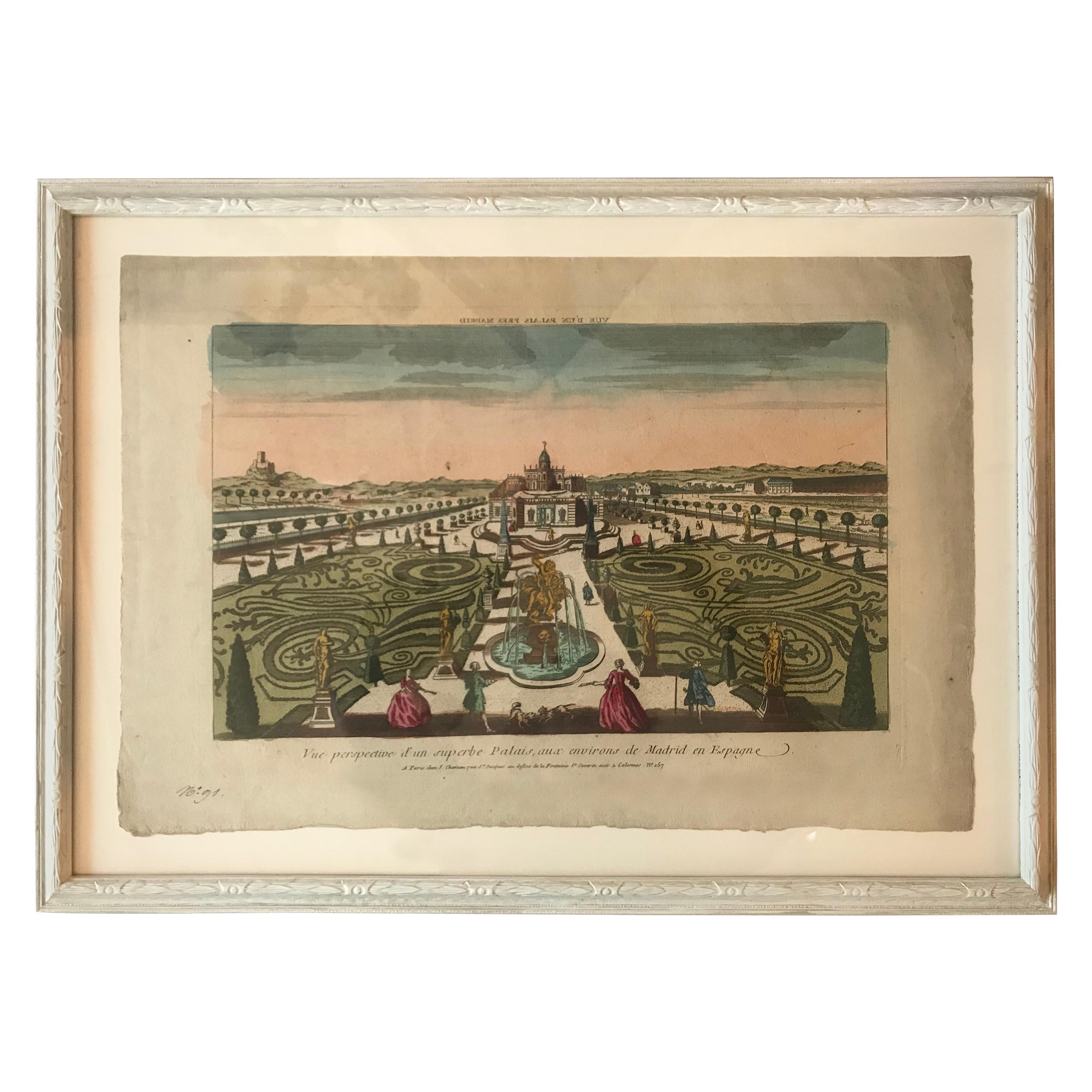 18th Century Vue d’Optique Hand-Colored Engraving of a Spanish Palace, Madrid For Sale