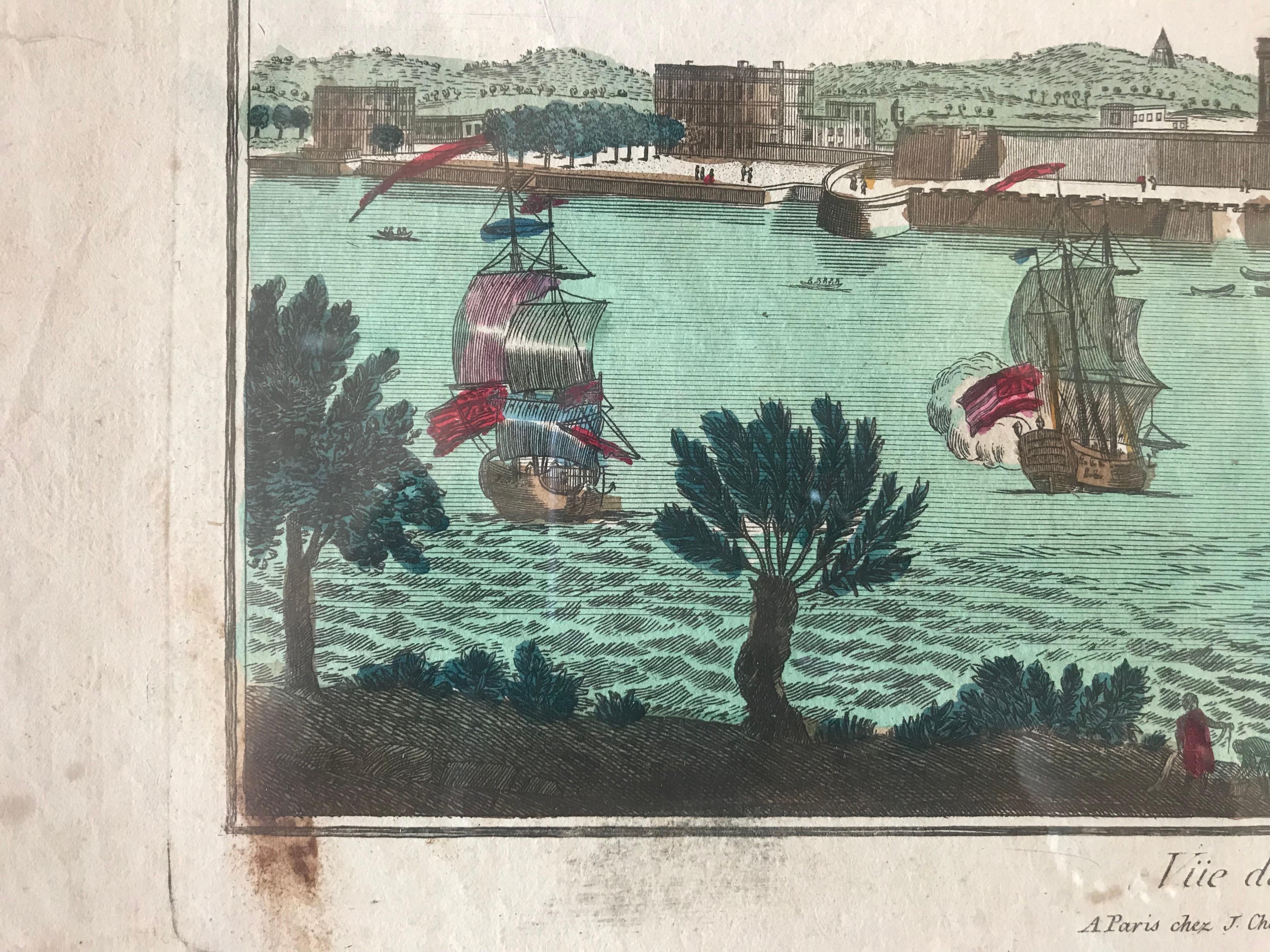 18th century Vue d’Optique hand-colored engraving of a Vue de Pondichery dans les Indes Orientales
Custom frame.