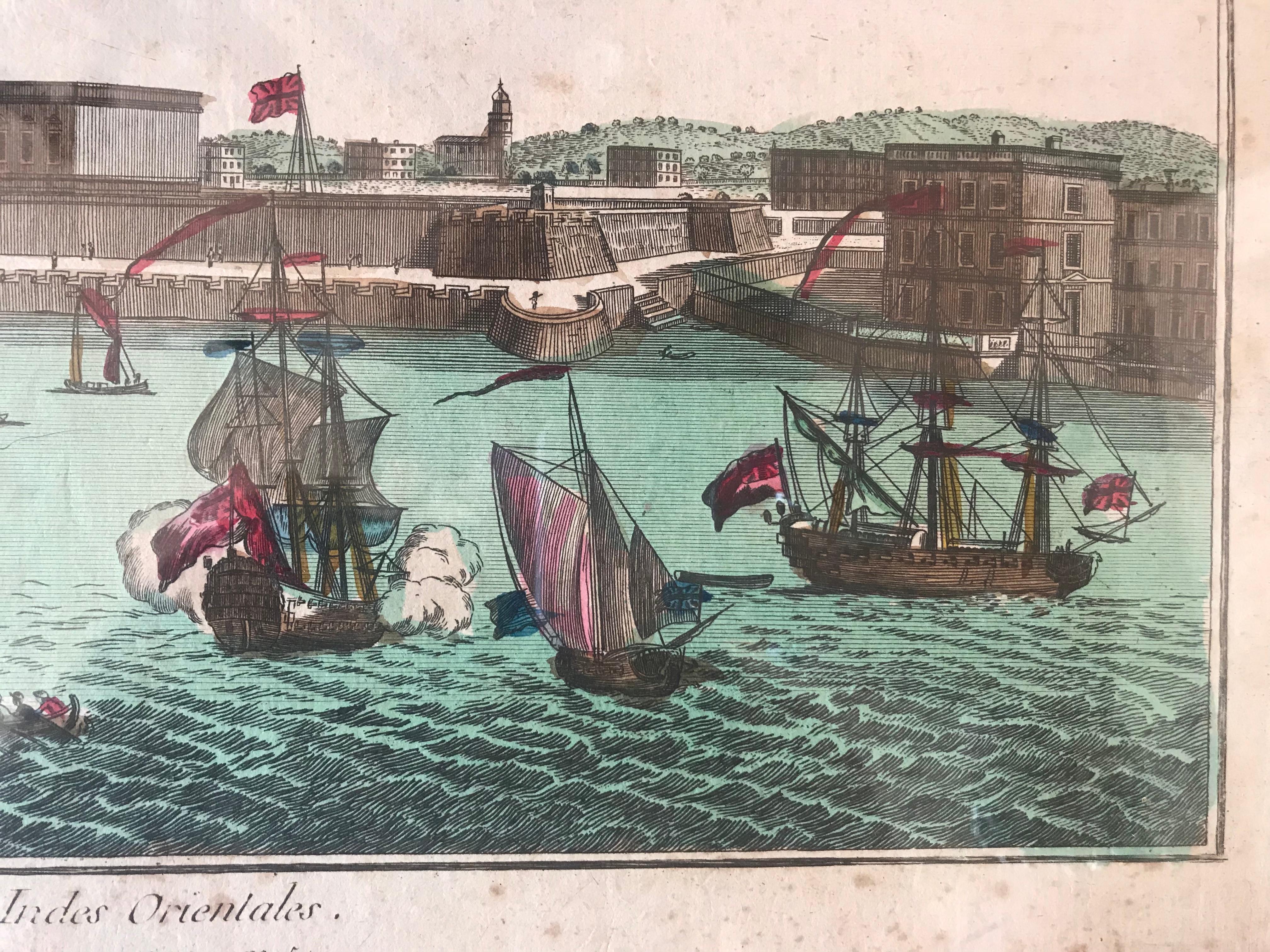 18th Century Vue d’Optique Hand-Colored Engraving of a Vue de Pondichery In Excellent Condition For Sale In Boston, MA
