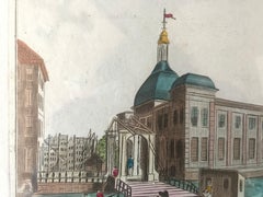 18th Century Vue D’optique Hand-Colored Engraving of Gaapers Bridge, Rotterdam