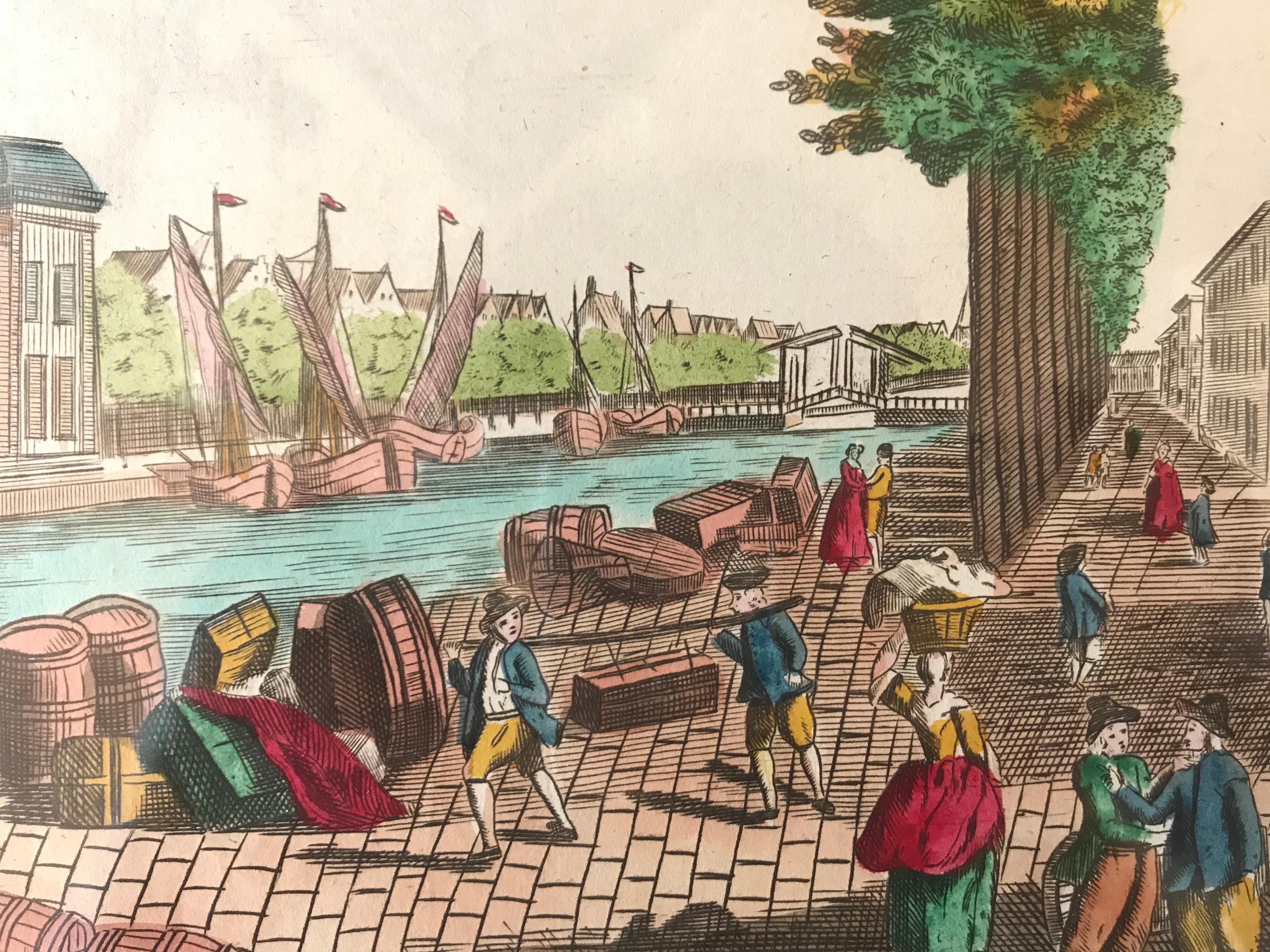 French 18th Century Vue D’optique Hand-Colored Engraving of Gaapers Bridge, Rotterdam For Sale