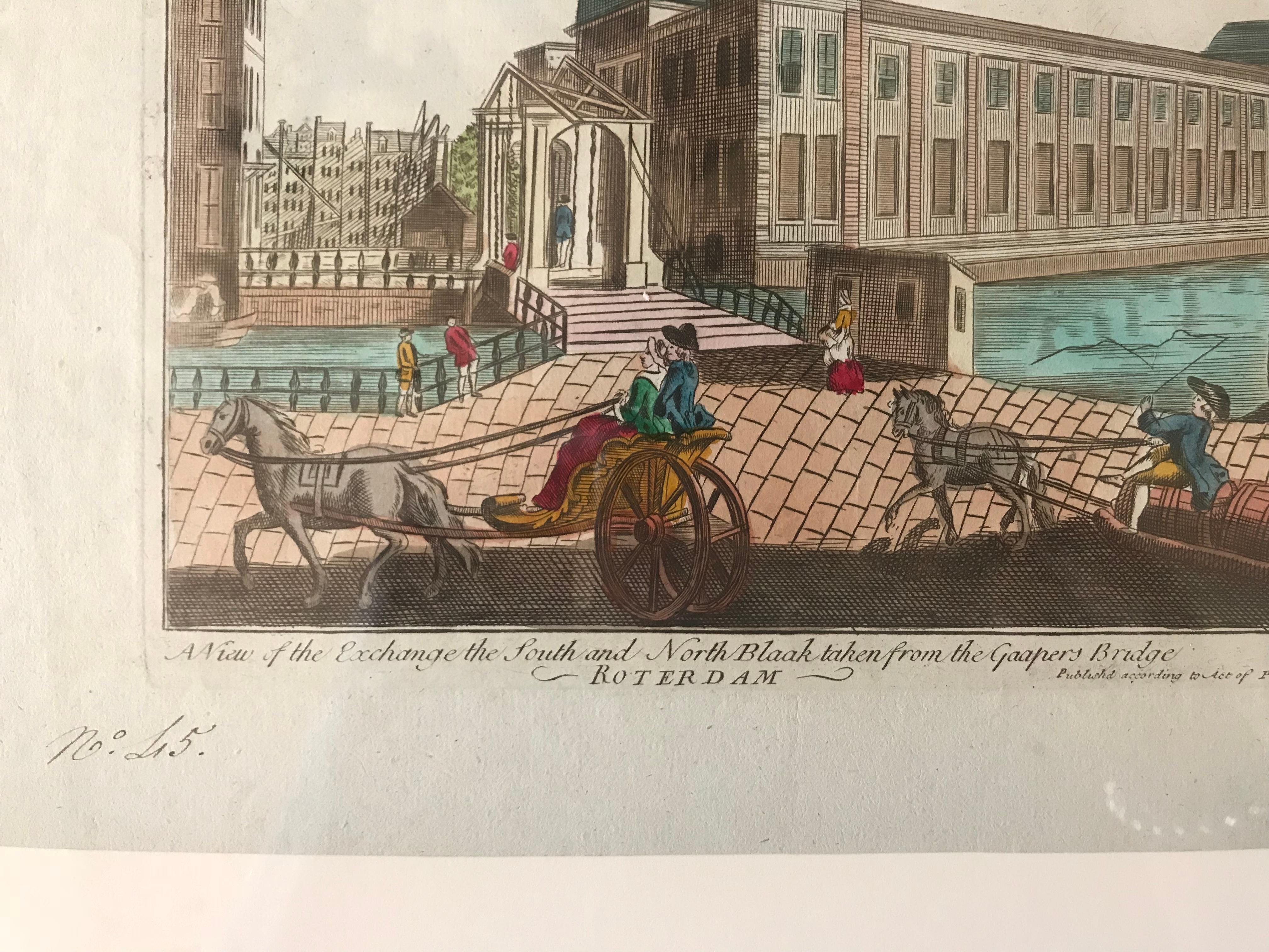18th Century Vue D’optique Hand-Colored Engraving of Gaapers Bridge, Rotterdam In Excellent Condition For Sale In Boston, MA