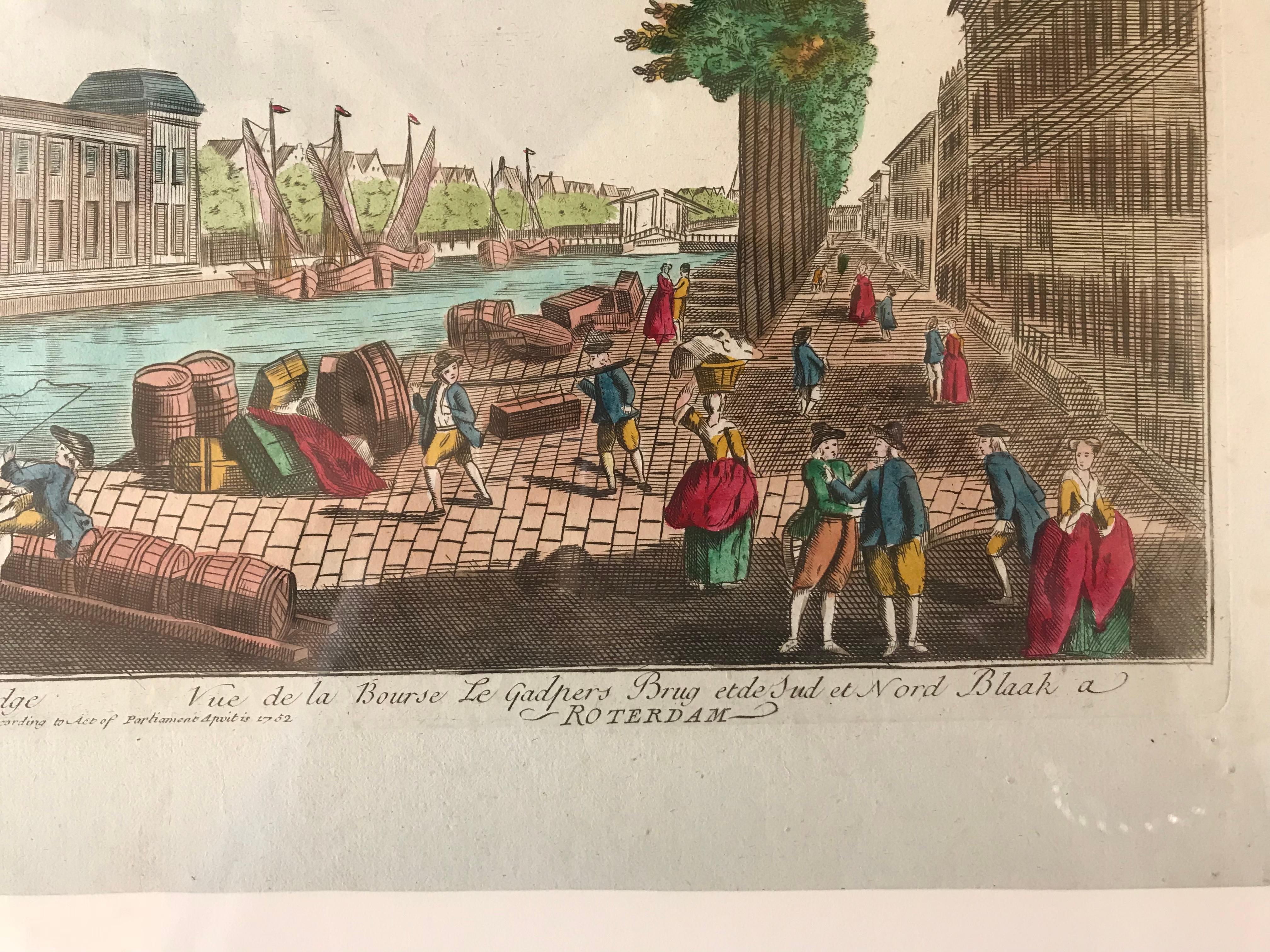 Glass 18th Century Vue D’optique Hand-Colored Engraving of Gaapers Bridge, Rotterdam For Sale