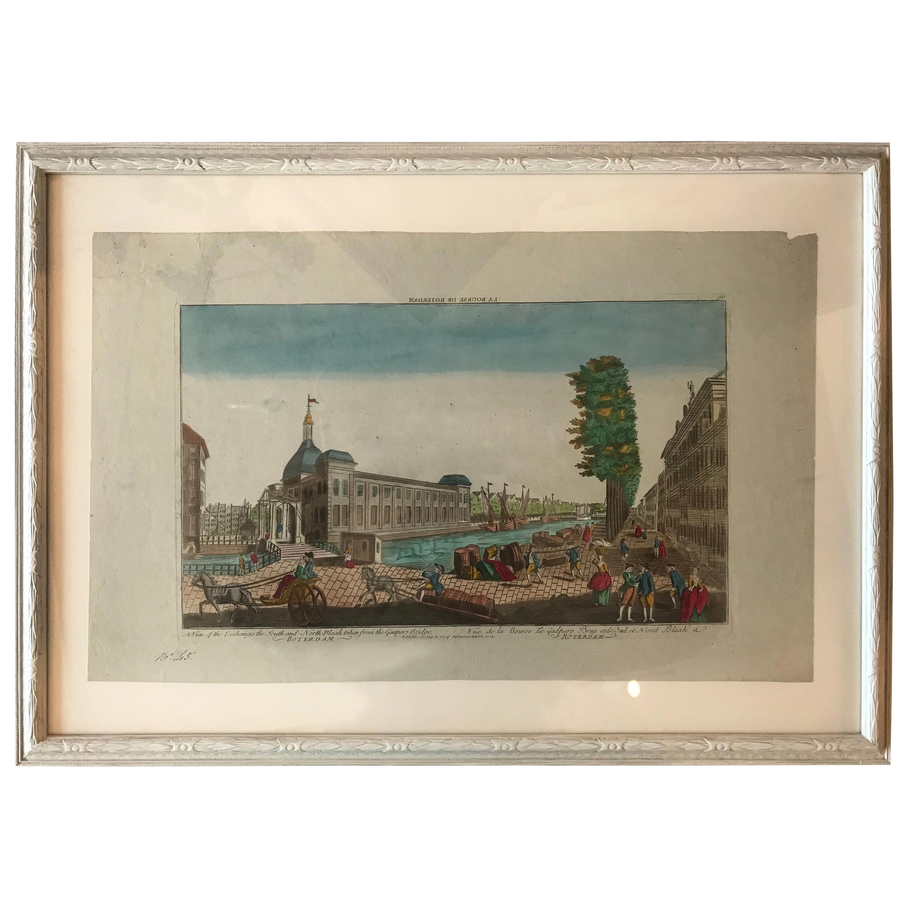 18th Century Vue D’optique Hand-Colored Engraving of Gaapers Bridge, Rotterdam For Sale