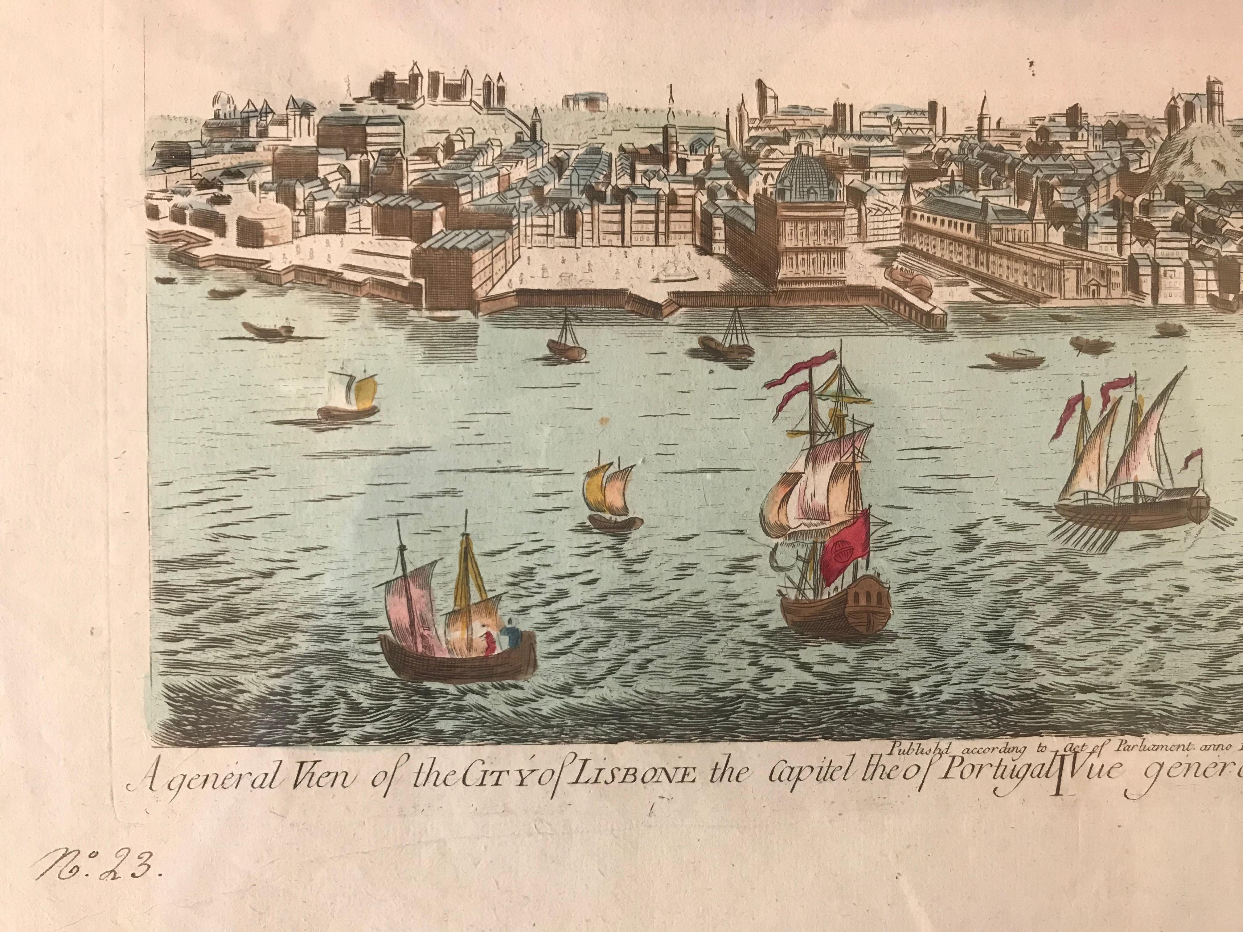 Handkolorierter Stich der Vue d'Optique von Lissabon aus dem 18.
Benutzerdefinierter Rahmen.


