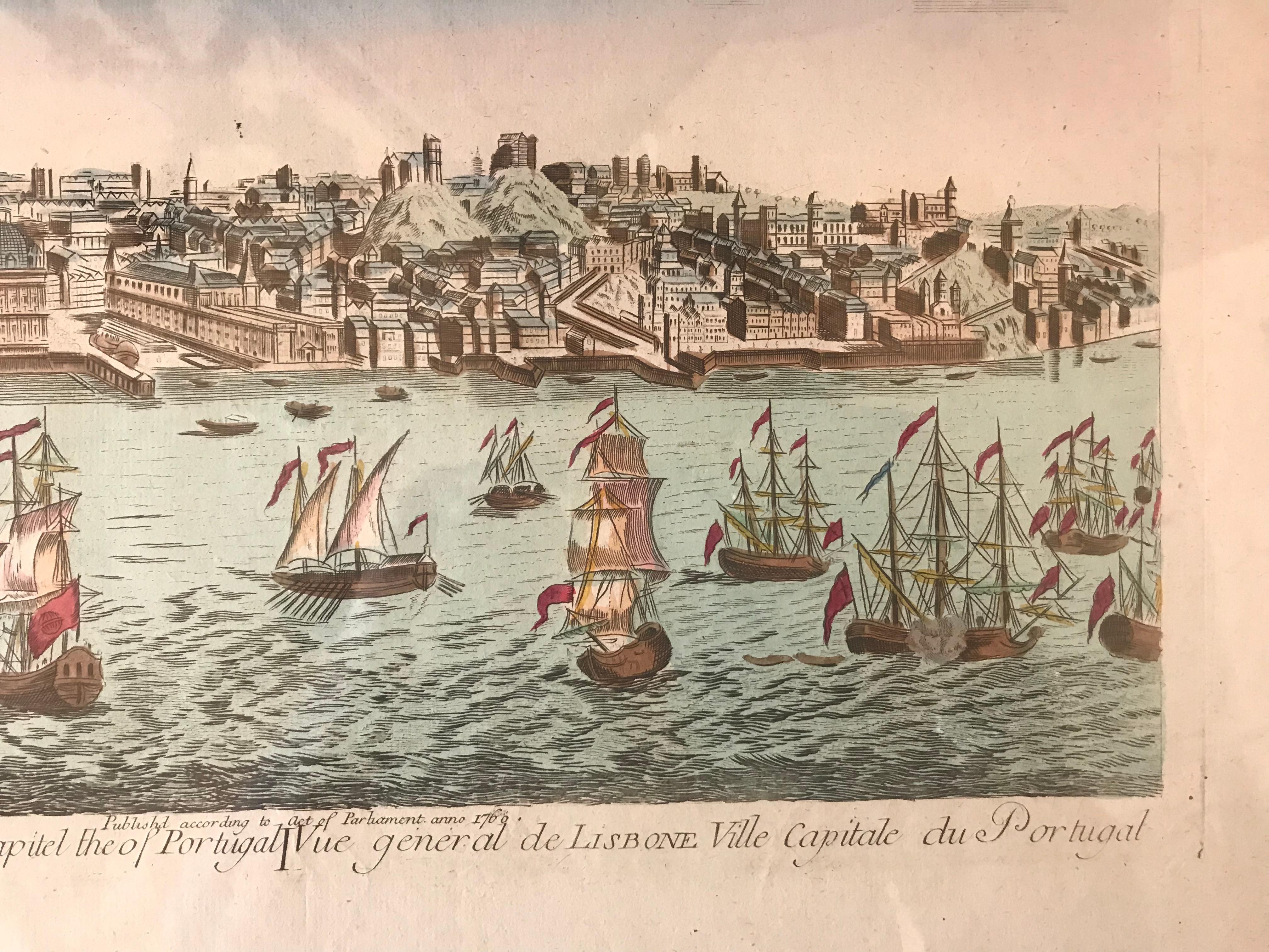 French 18th Century Vue d’Optique Hand-Colored Engraving of Lisbon For Sale
