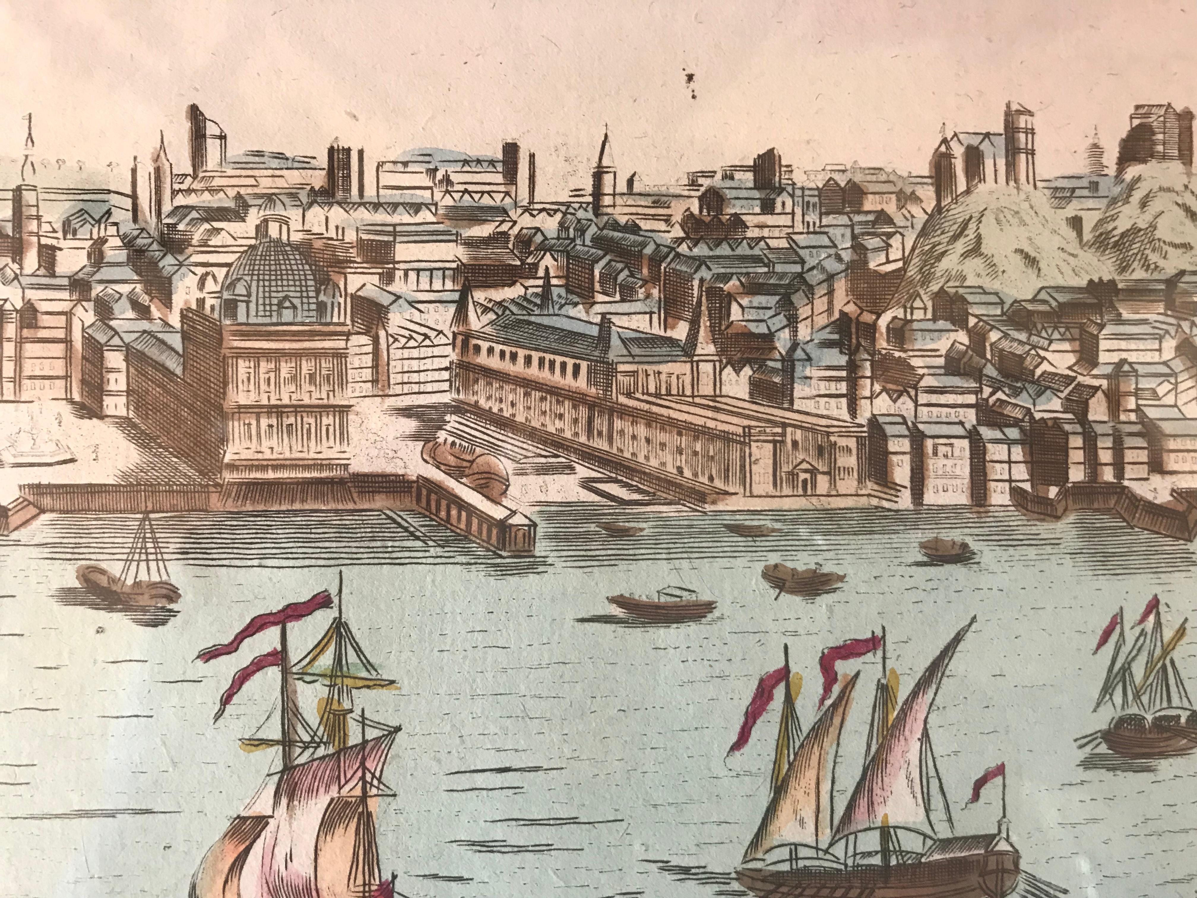 18th Century Vue d’Optique Hand-Colored Engraving of Lisbon In Excellent Condition For Sale In Boston, MA