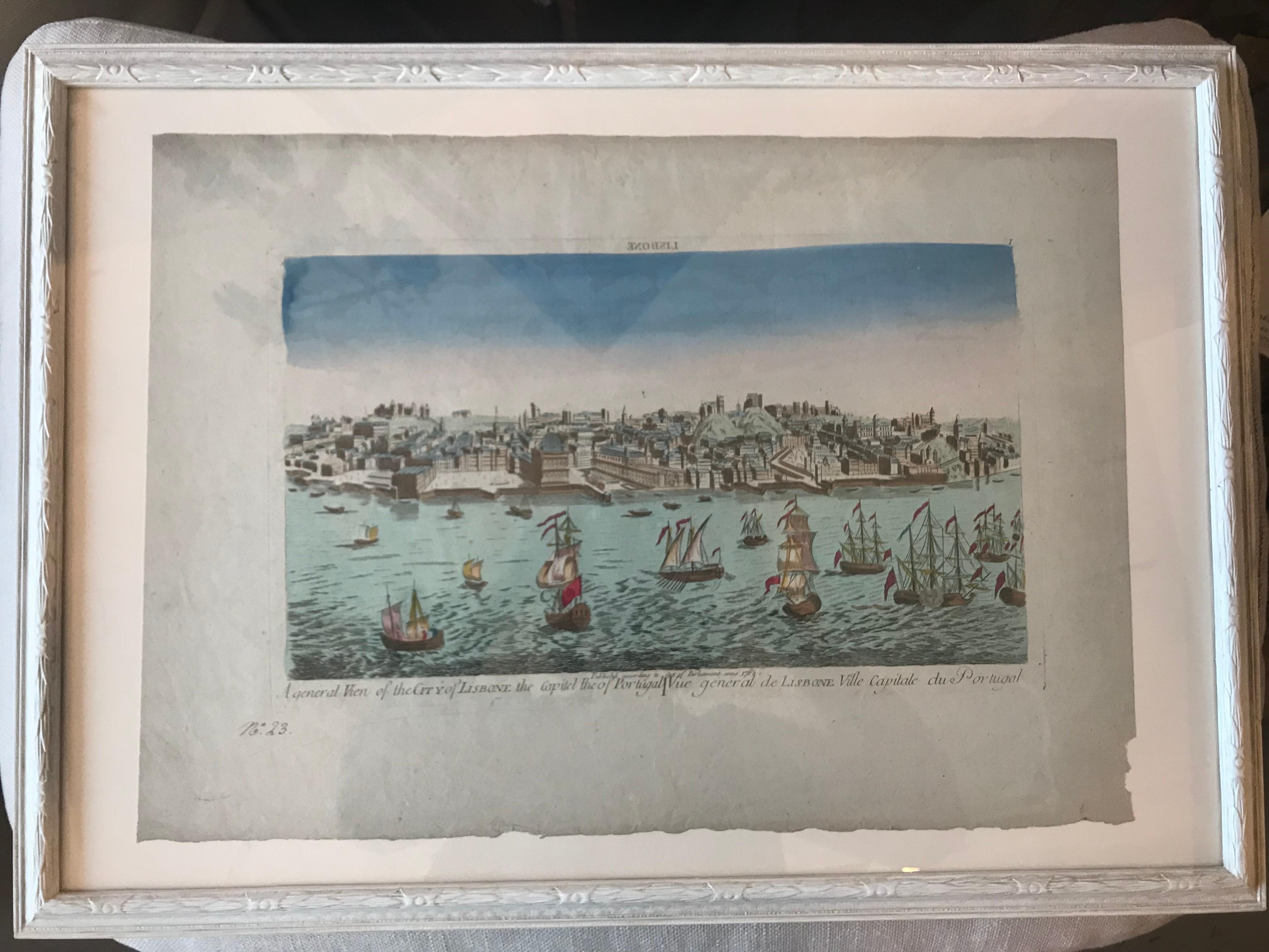 18th Century Vue d’Optique Hand-Colored Engraving of Lisbon For Sale 3