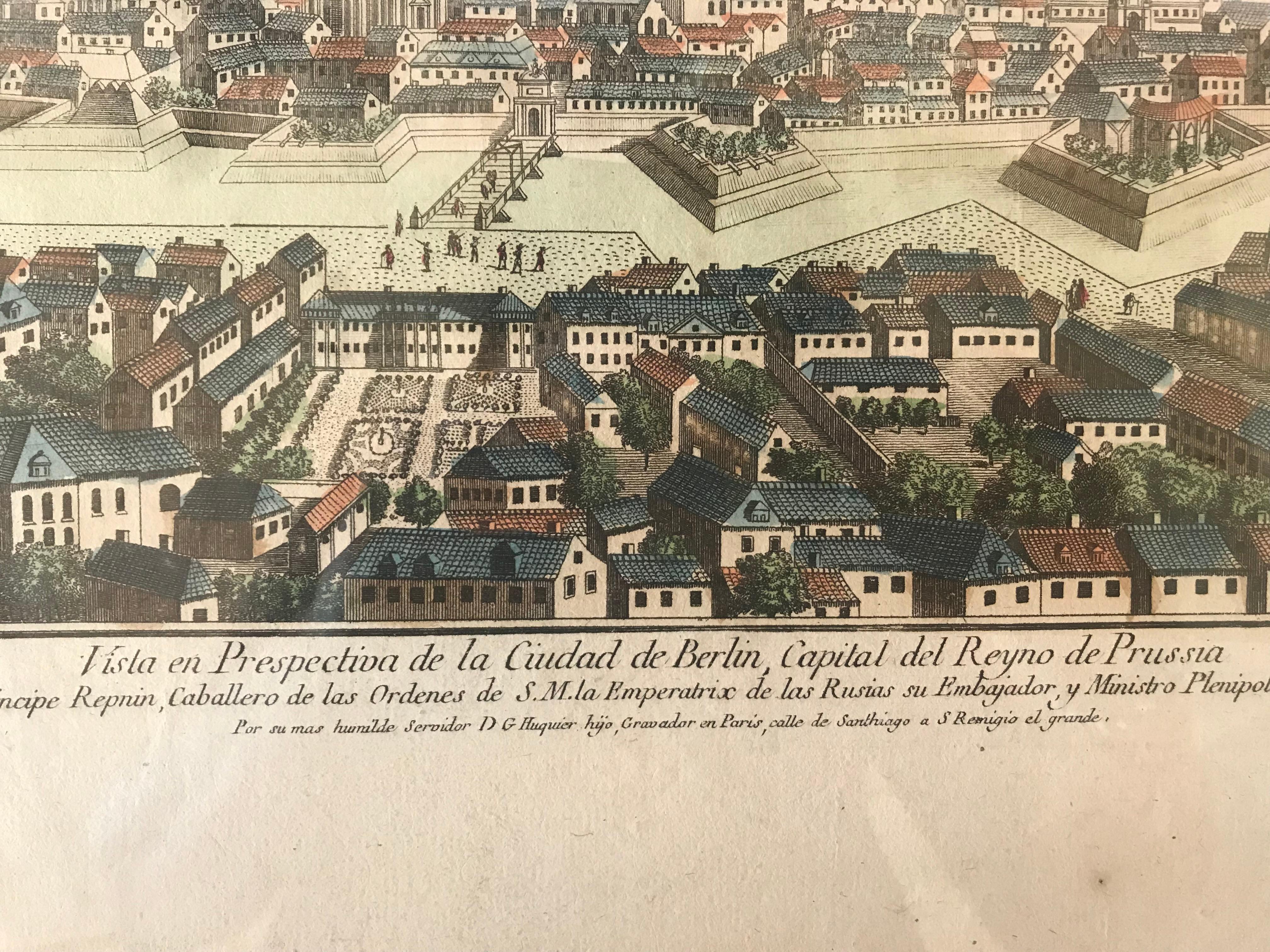 Glass 18th Century Vue d’Optique Hand-Colored Engraving of the City of Berlin For Sale