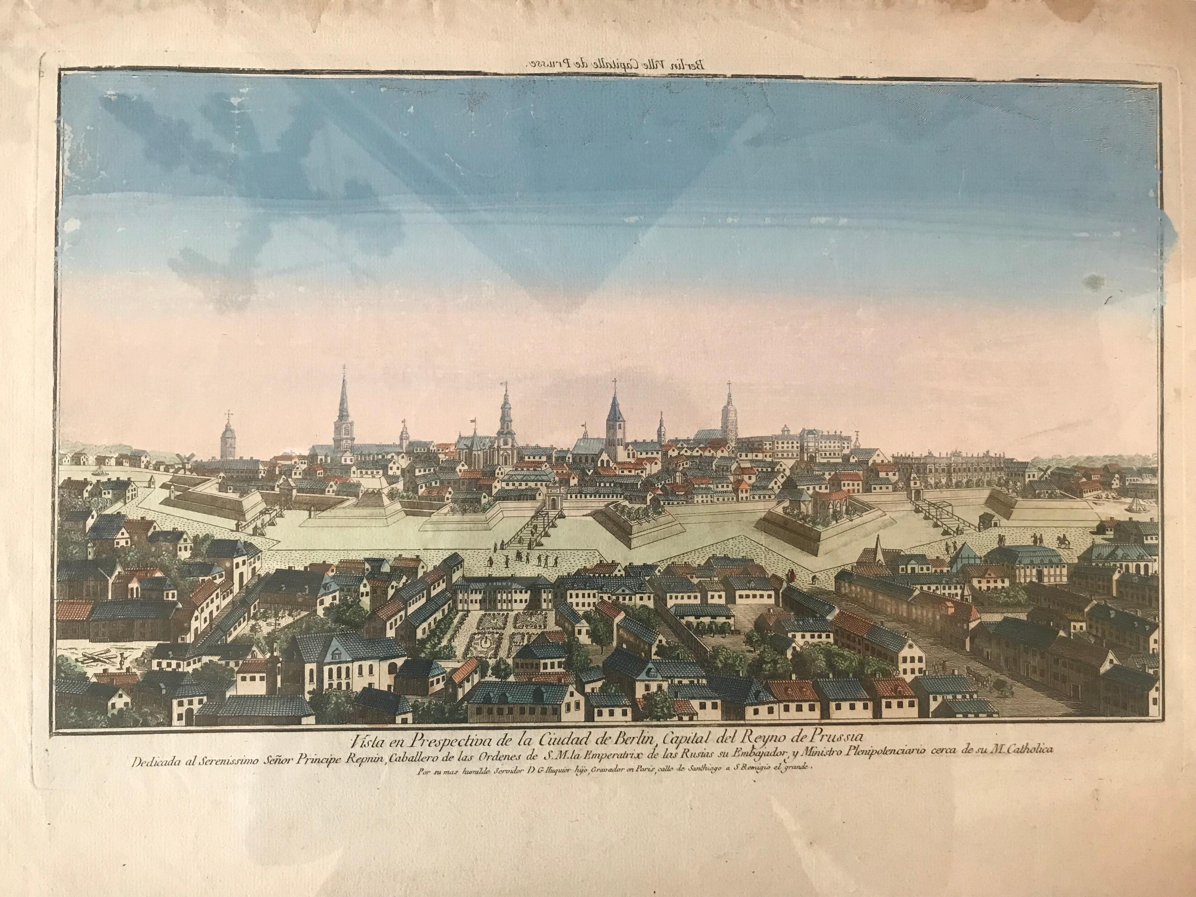 18th Century Vue d’Optique Hand-Colored Engraving of the City of Berlin For Sale 1