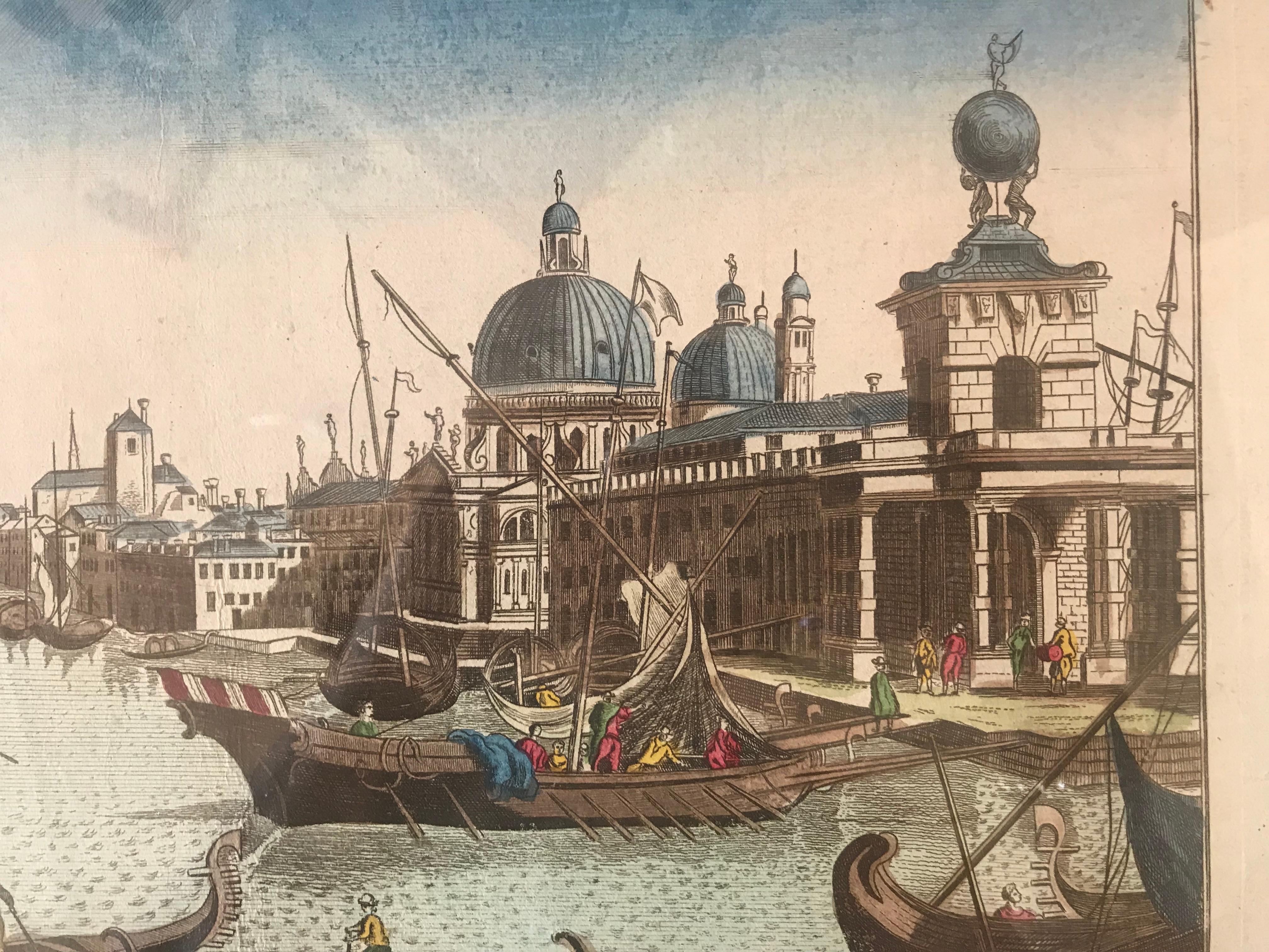 French 18th Century Vue d’Optique Hand-Colored Engraving of the Grand Canal, Venice