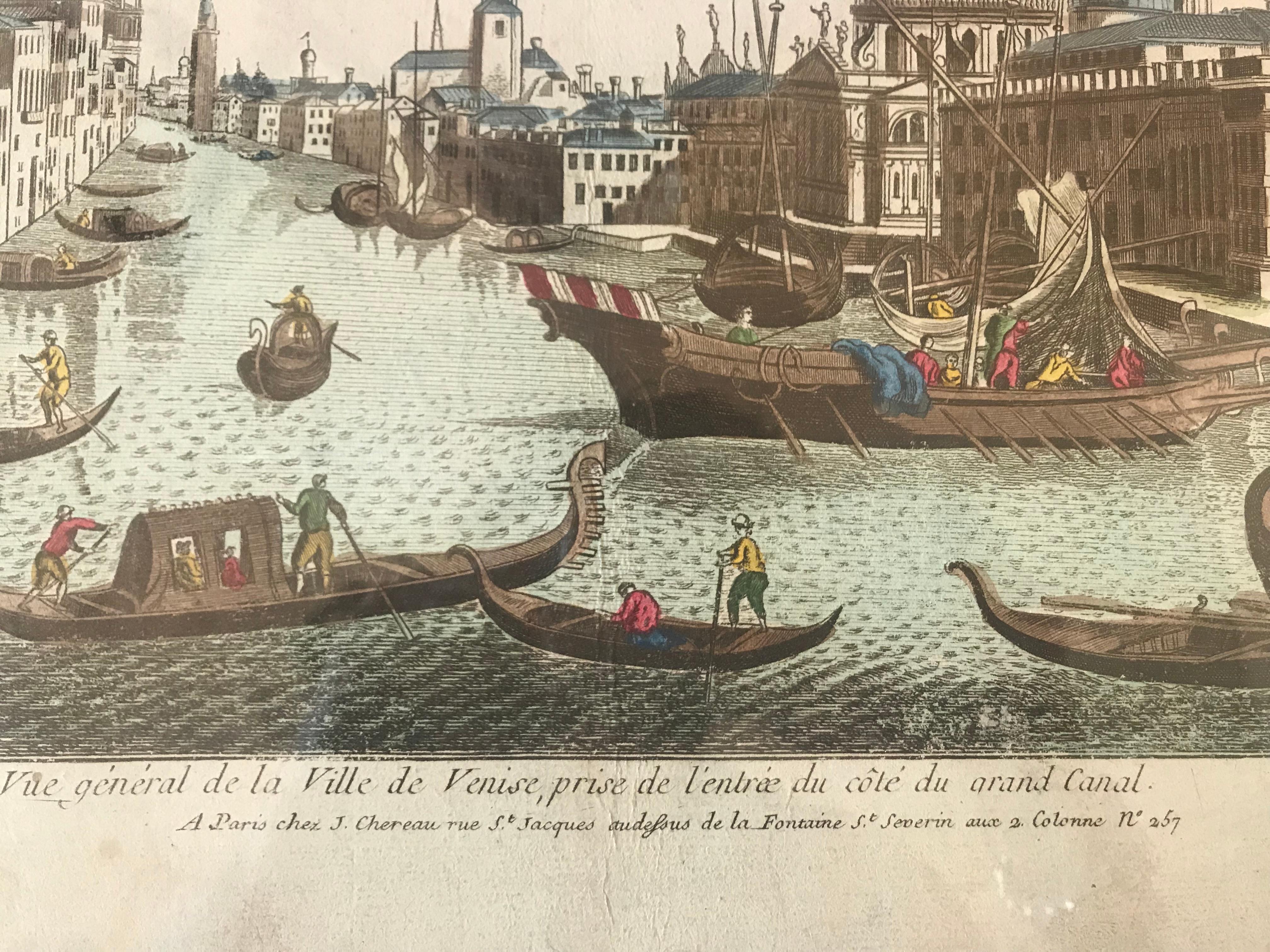Engraved 18th Century Vue d’Optique Hand-Colored Engraving of the Grand Canal, Venice