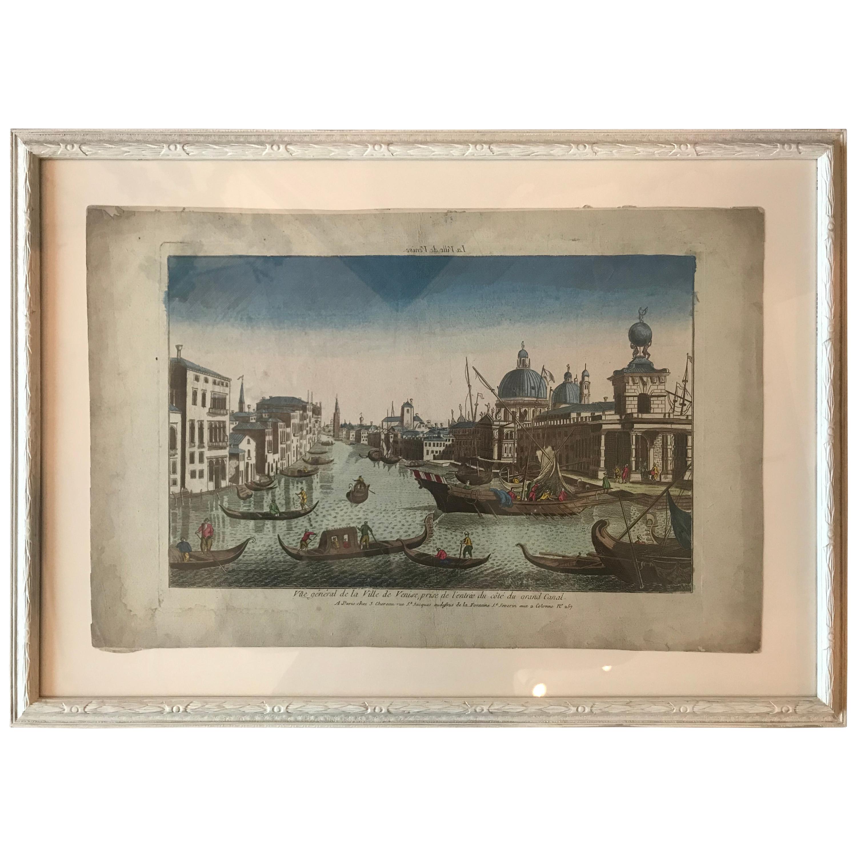 18th Century Vue d’Optique Hand-Colored Engraving of the Grand Canal, Venice