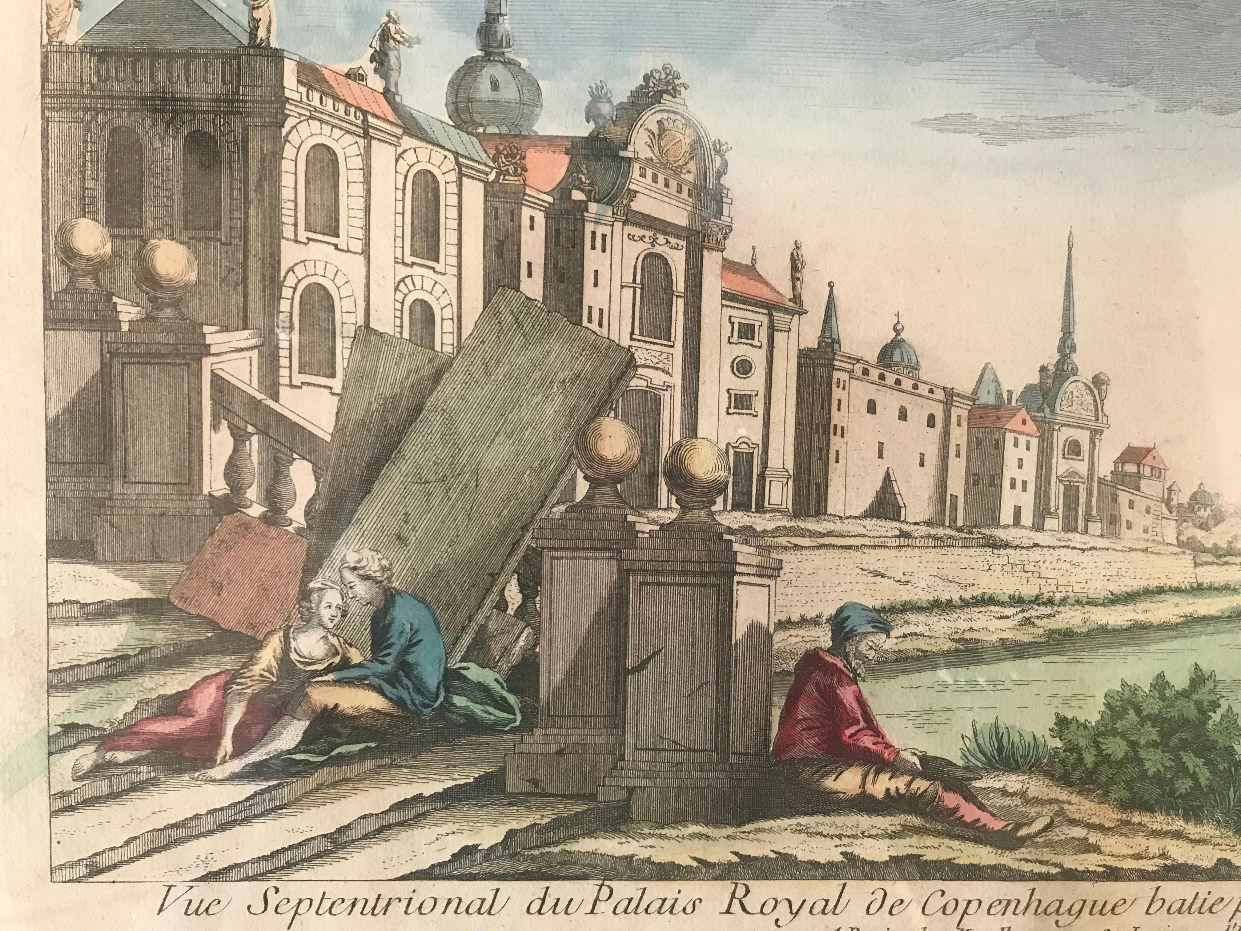 French 18th Century Vue D’optique Hand-Colored Engraving of the Palais Royal For Sale