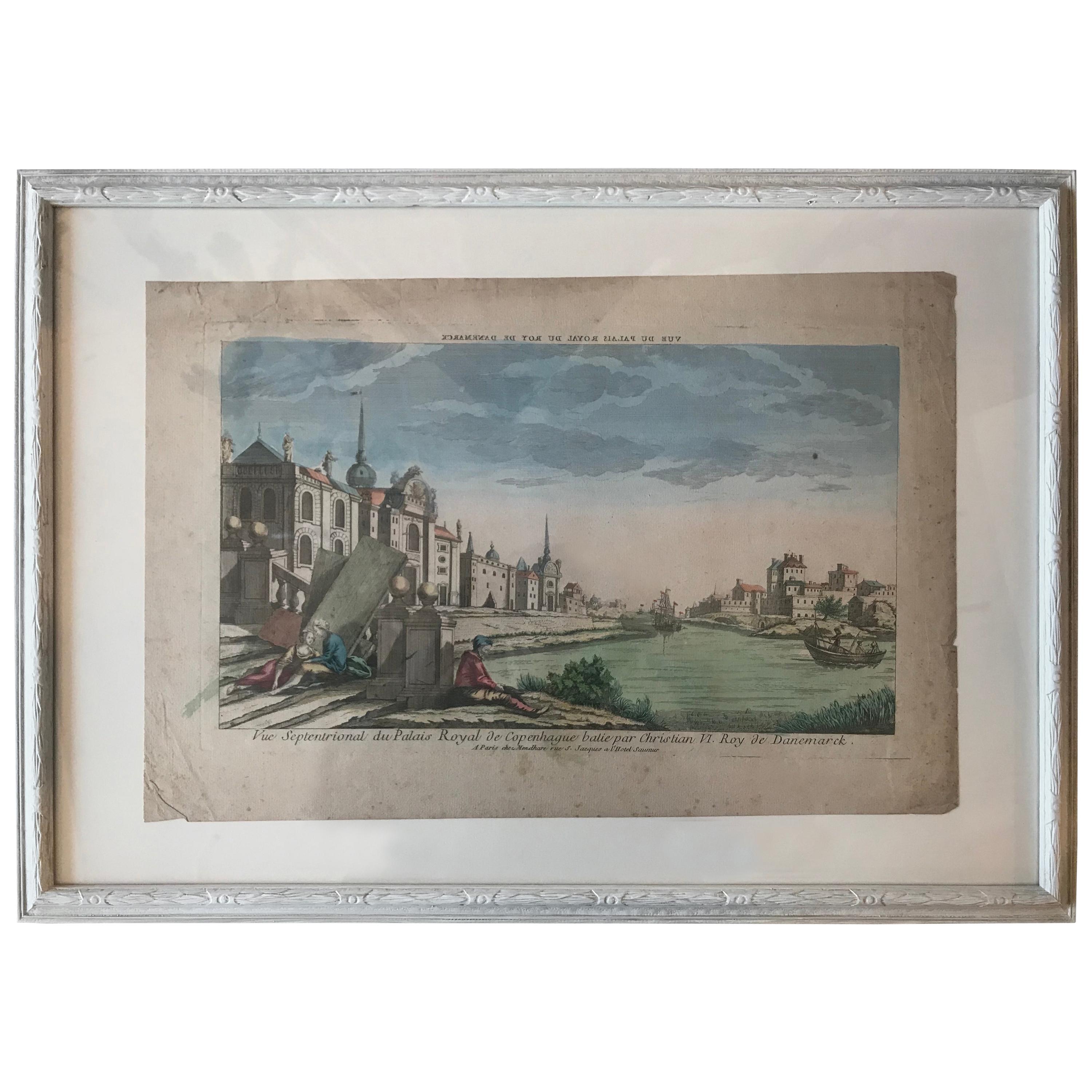 18th Century Vue D’optique Hand-Colored Engraving of the Palais Royal For Sale