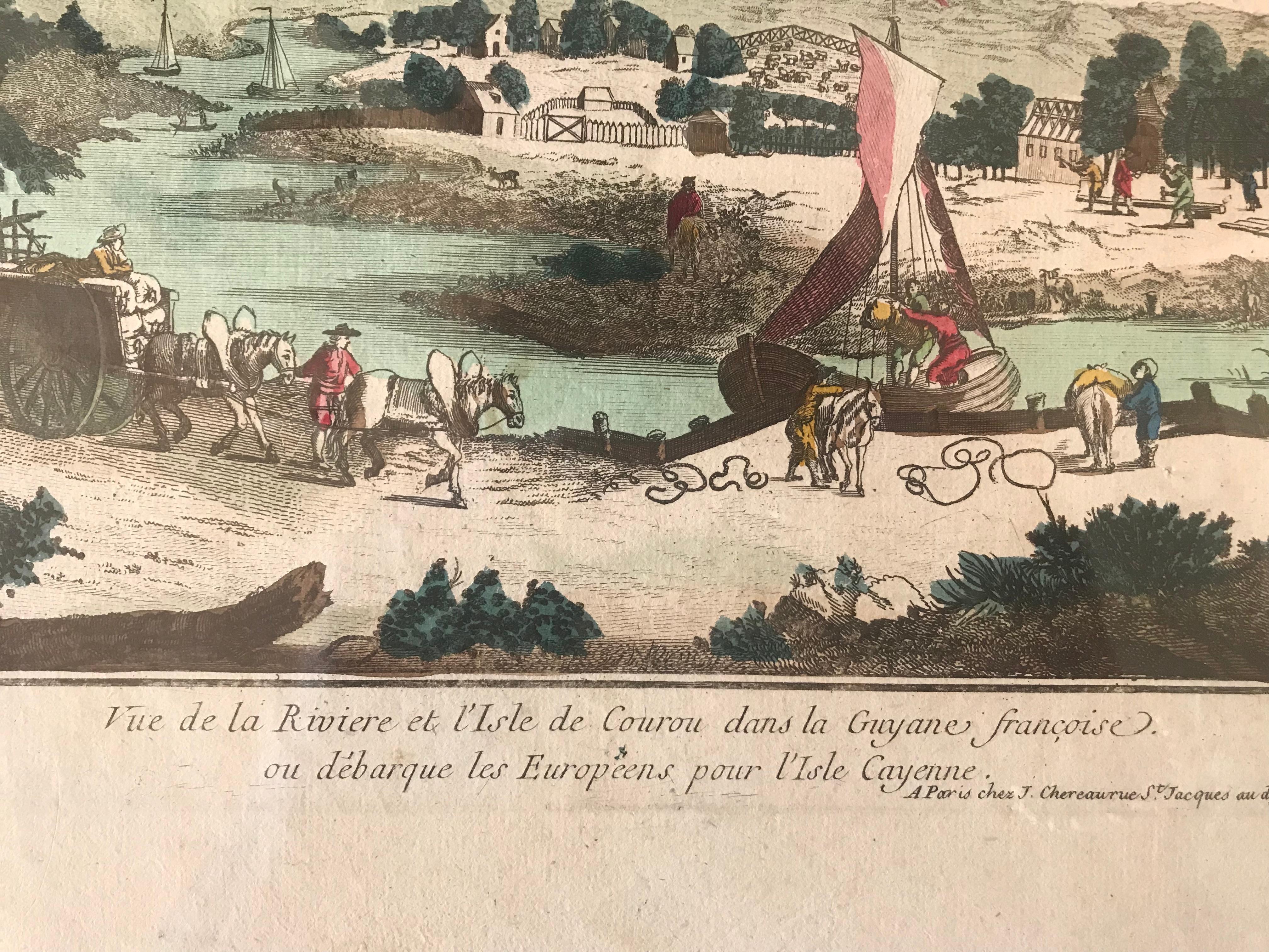 18th Century Vue d’Optique Hand-Colored Engraving of the Vue de la Riviere In Excellent Condition For Sale In Boston, MA