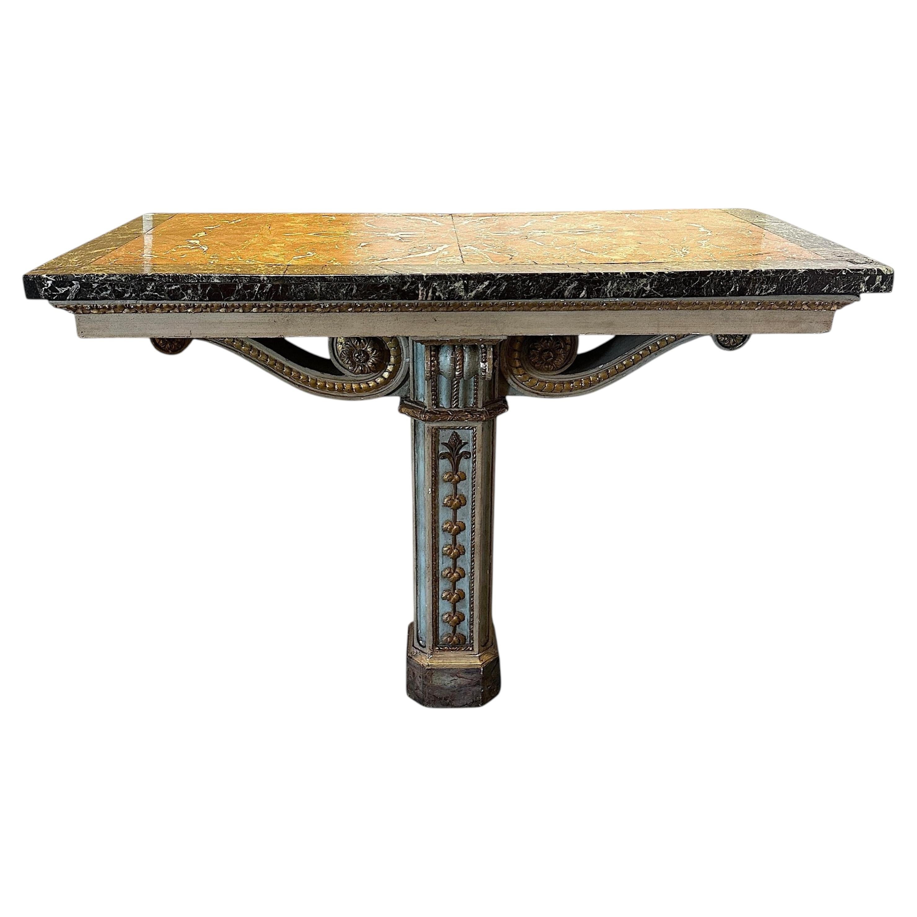 18th Century Wall Mounted Italian Console Table With Marble Top
