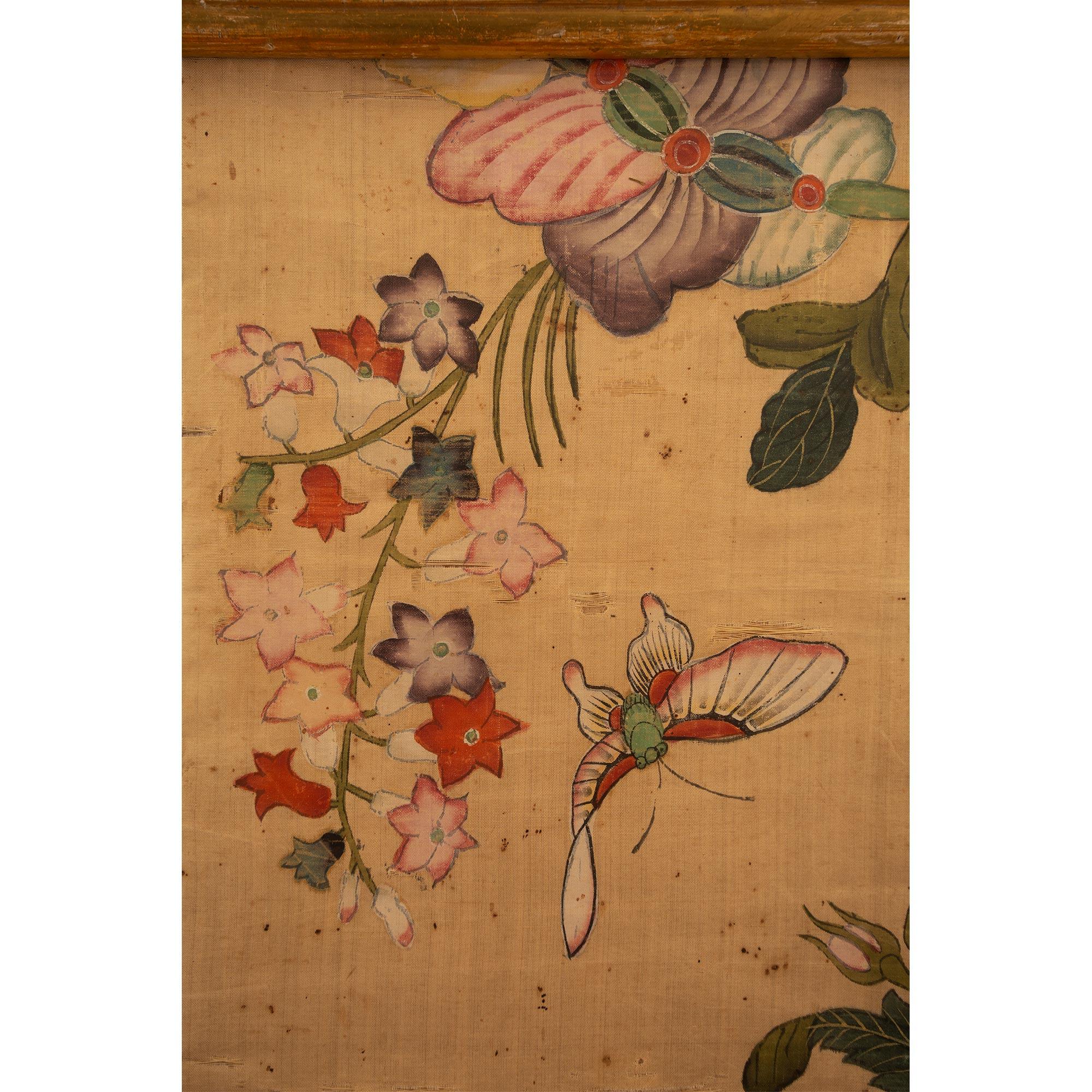 18th Century Wall Panel of Hand Painted Asian Silk For Sale 1