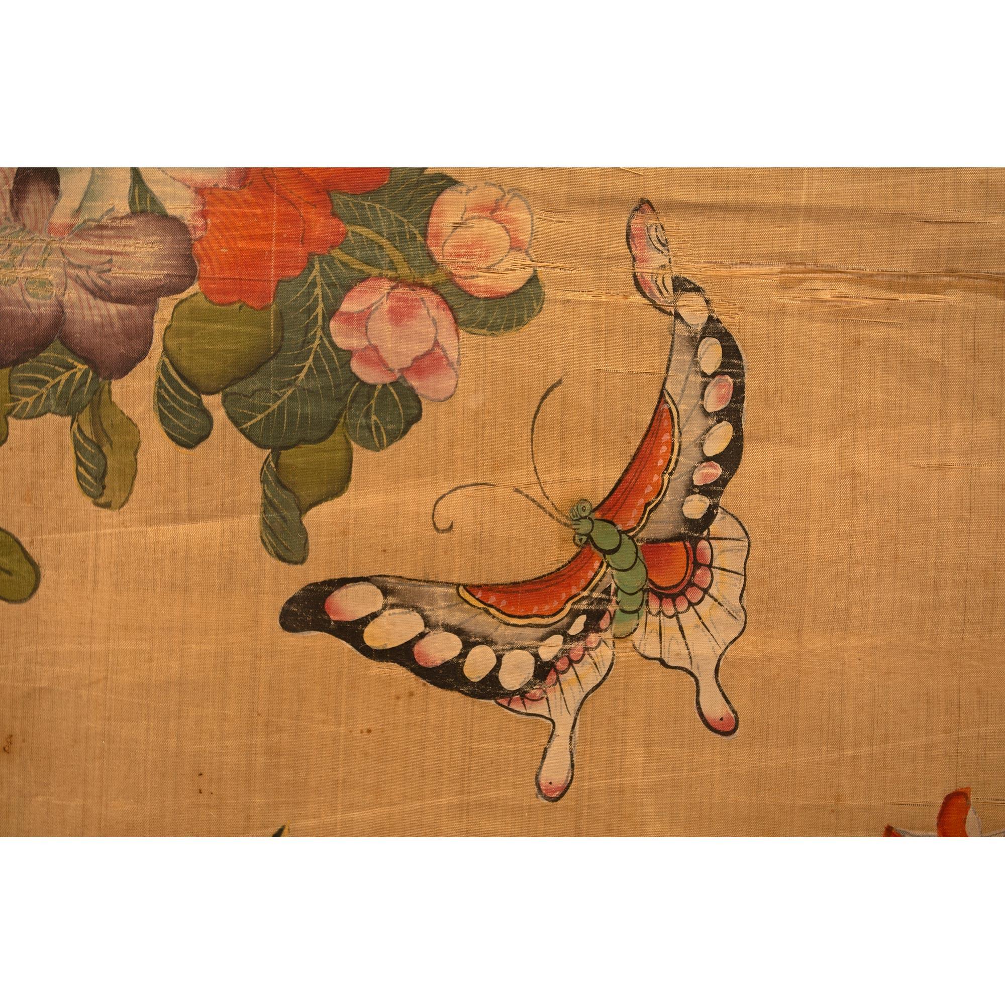 18th Century and Earlier 18th Century Wall Panel of Hand Painted Asian Silk For Sale