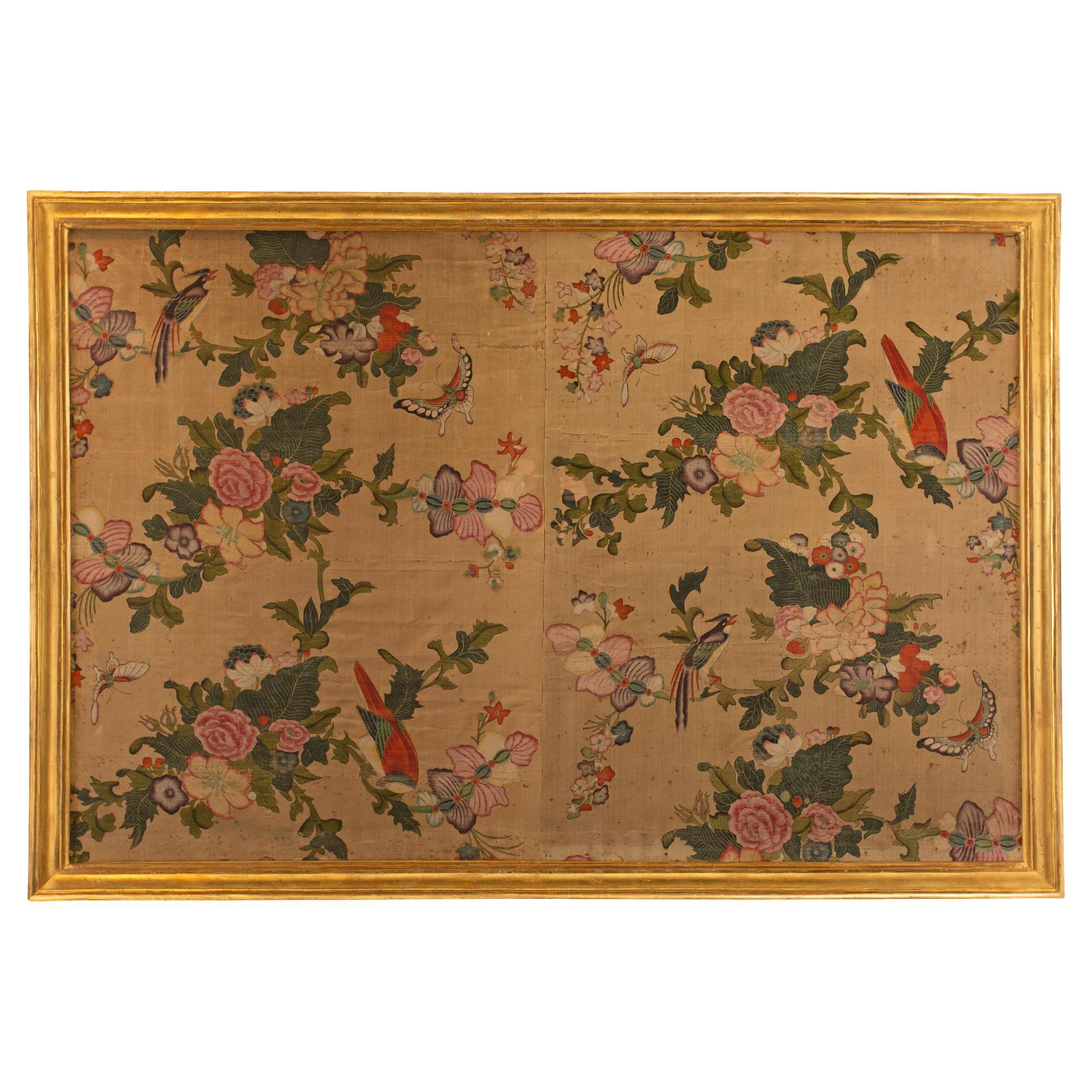 18th Century Wall Panel of Hand Painted Asian Silk