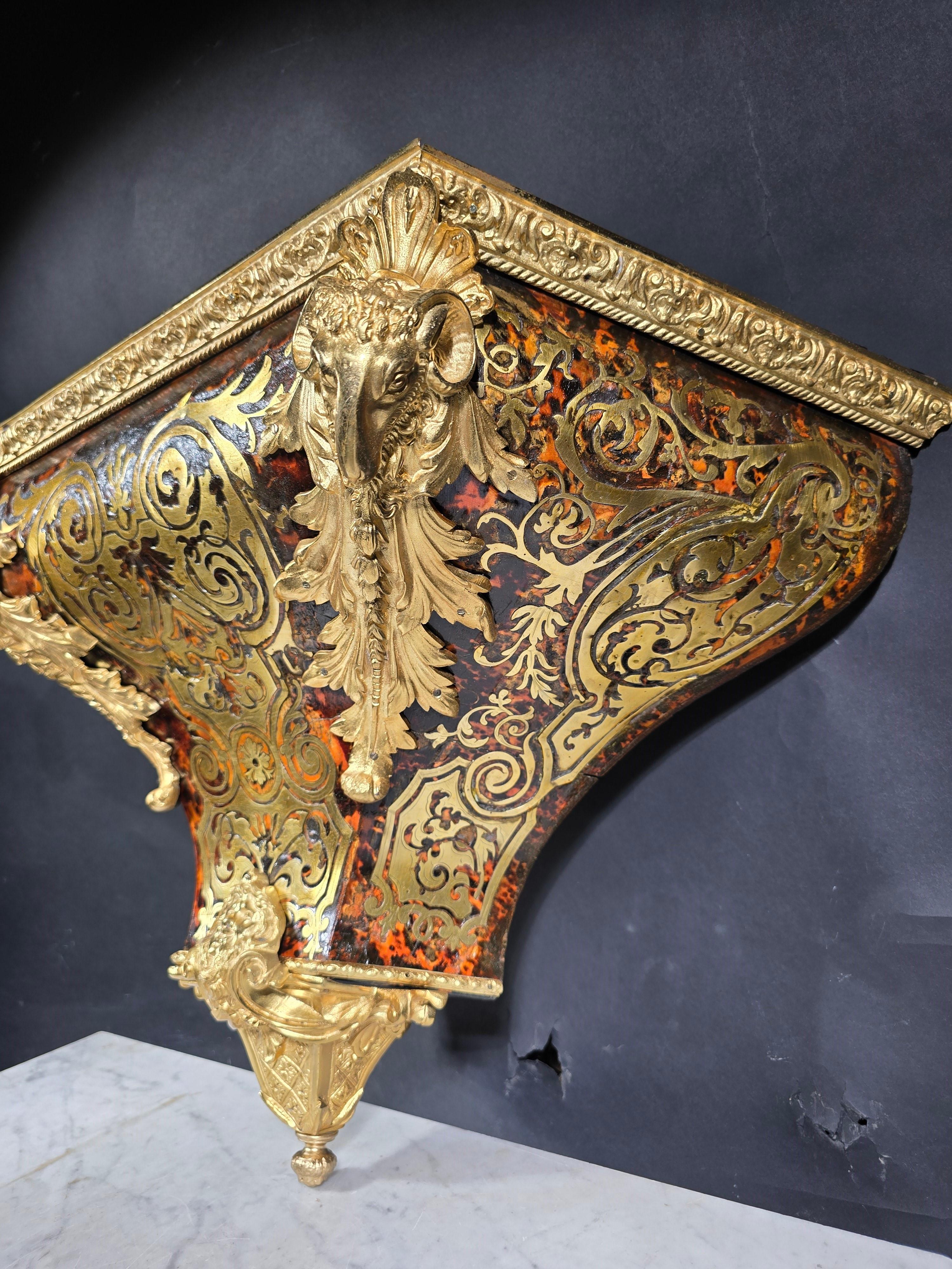 Fruitwood 18th Century Wall Pedestal with Boulle Marquetry and Mercury Gilt Bronzes For Sale