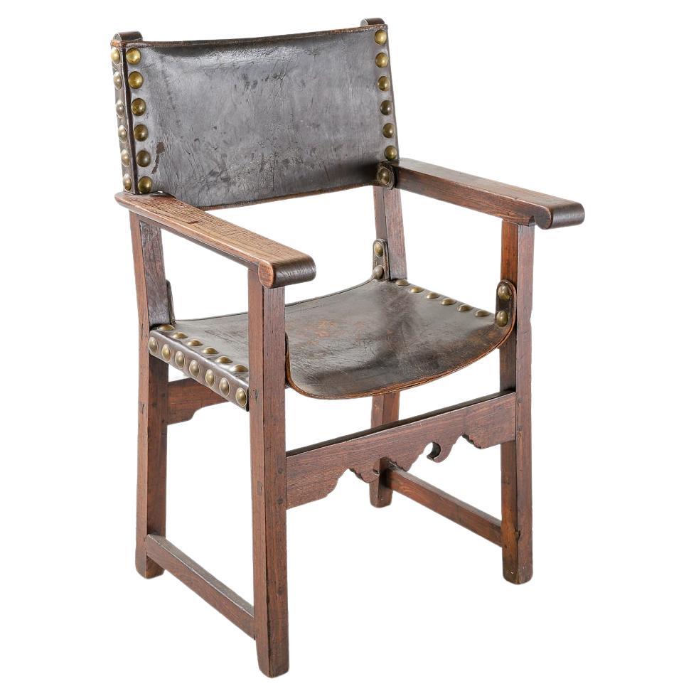 Spanish 18th Century Walnut and Leather Armchair