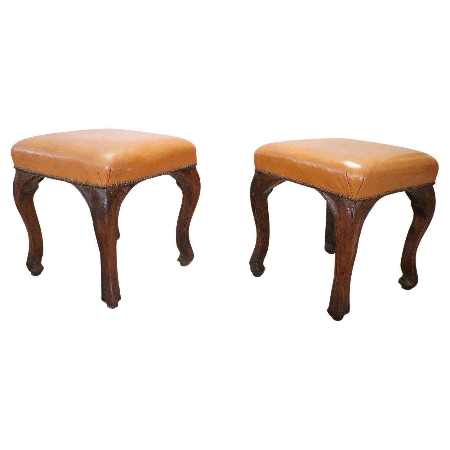 18th Century Walnut and Leather Pair of Antique Stools For Sale