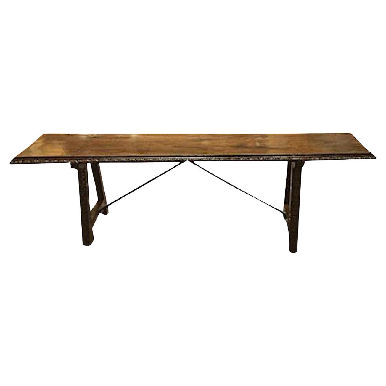 18th Century Walnut Bench With Iron Crossbar, Italy