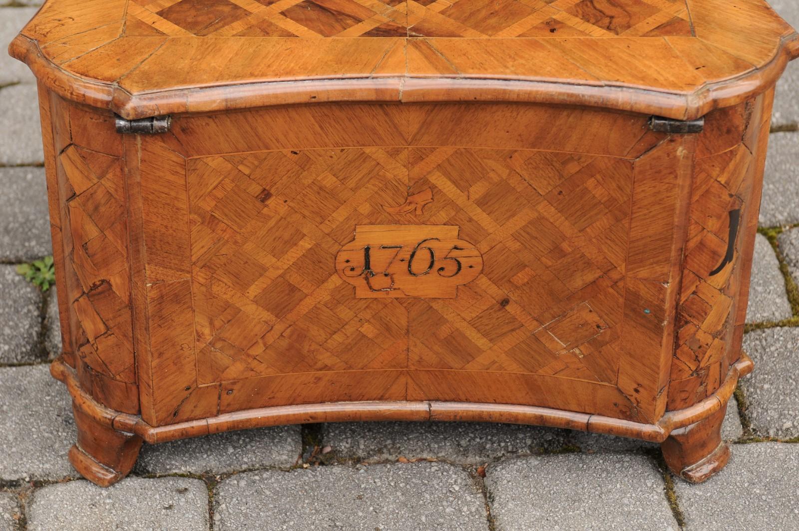 18th Century Walnut Box with Marquetry Décor and Inlaid Motifs on Scrolling Feet 3