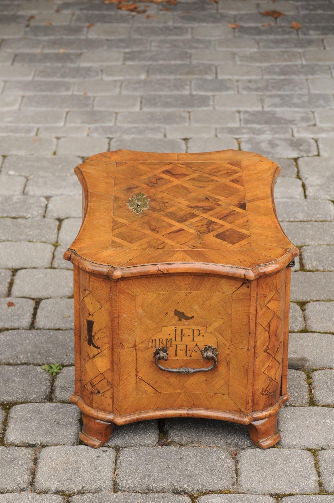 18th Century Walnut Box with Marquetry Décor and Inlaid Motifs on Scrolling Feet 4