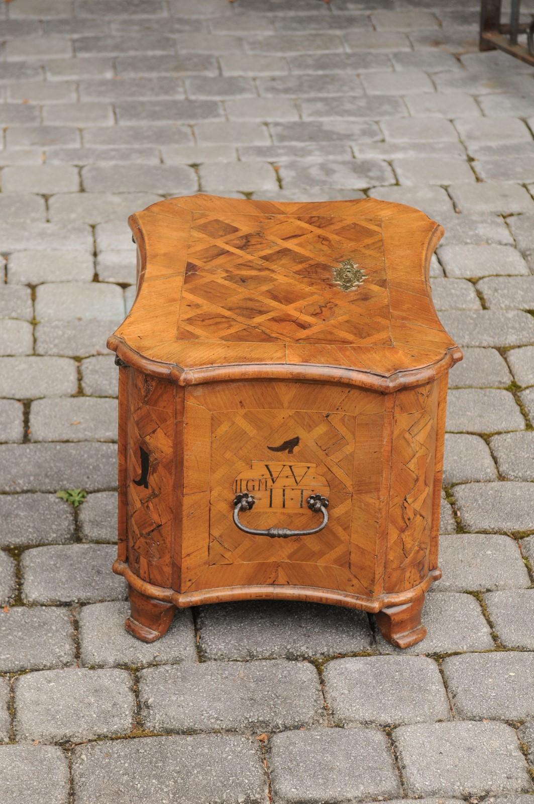 18th Century Walnut Box with Marquetry Décor and Inlaid Motifs on Scrolling Feet 1