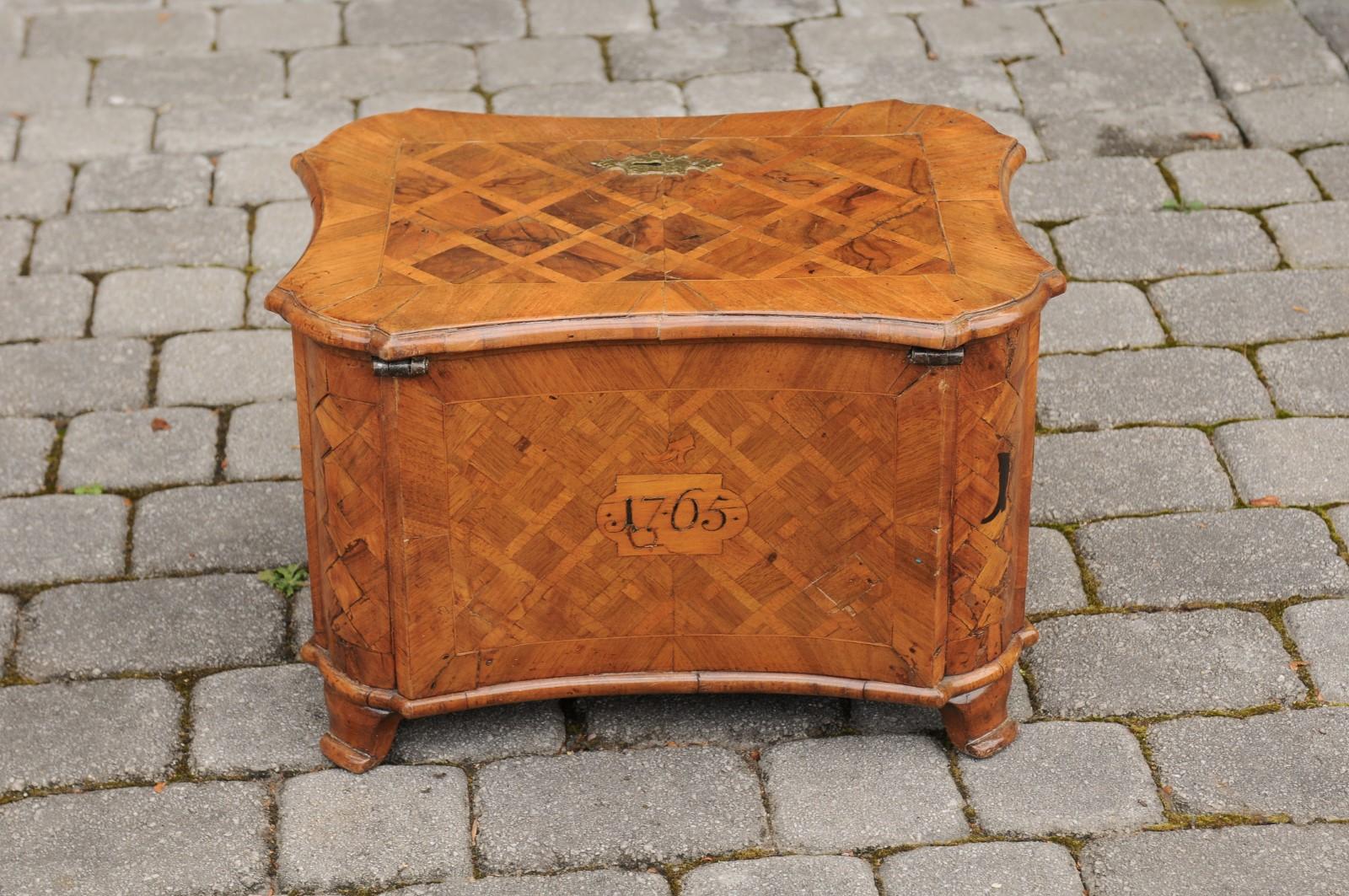 18th Century Walnut Box with Marquetry Décor and Inlaid Motifs on Scrolling Feet 2