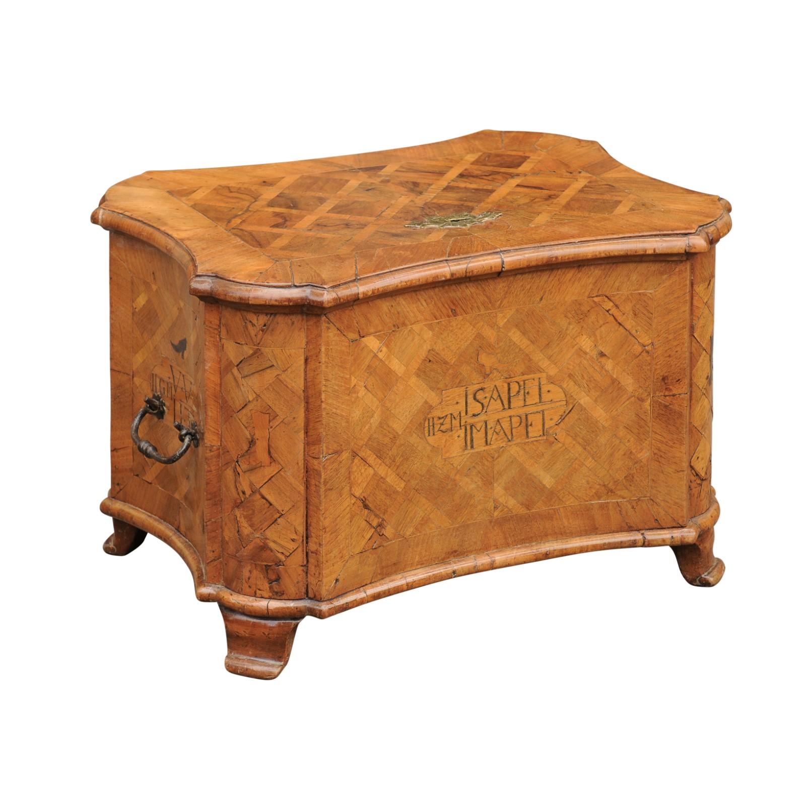 18th Century Walnut Box with Marquetry Décor and Inlaid Motifs on Scrolling Feet