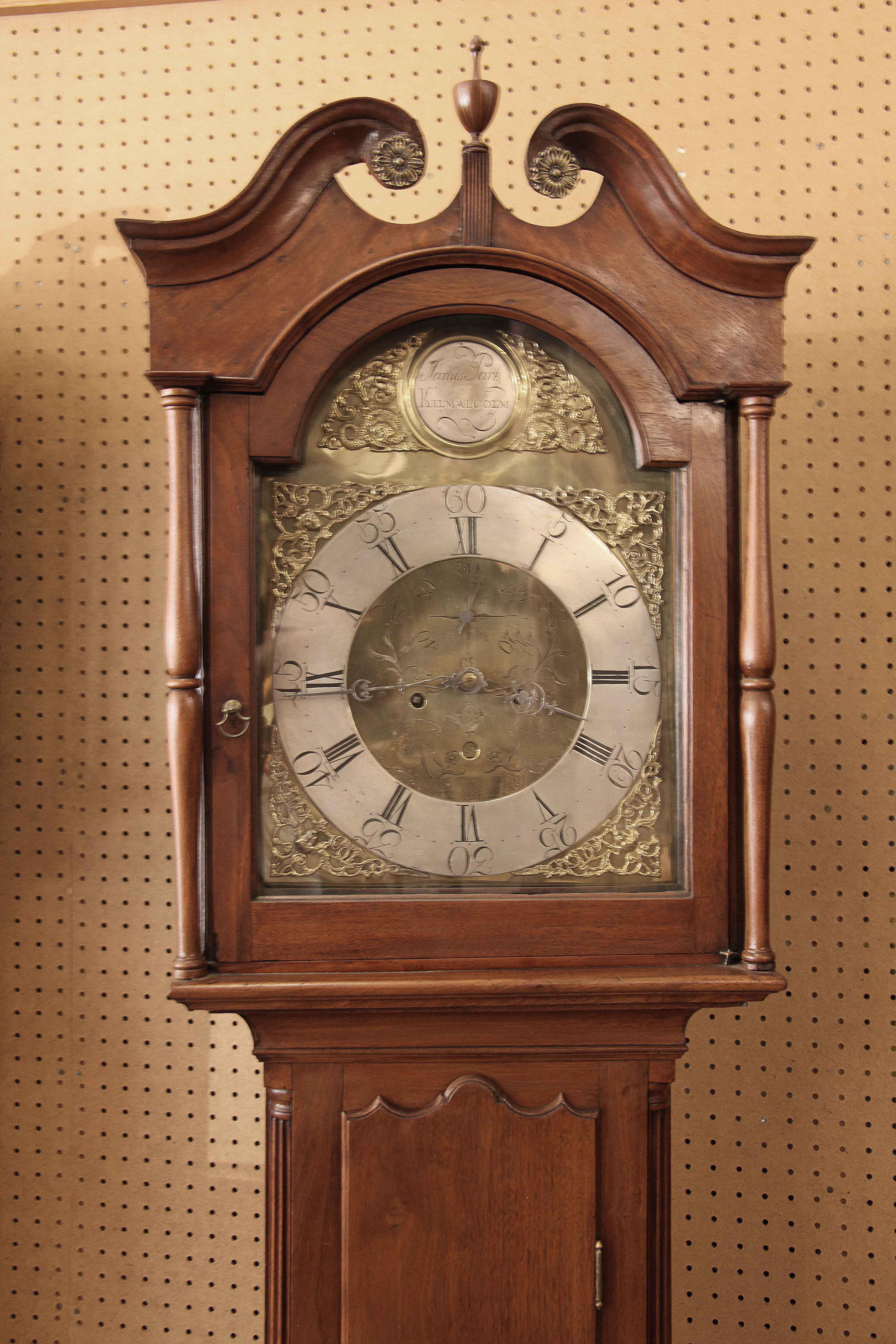 18th Century Walnut Brass Dial Grandfather Clock For Sale 6