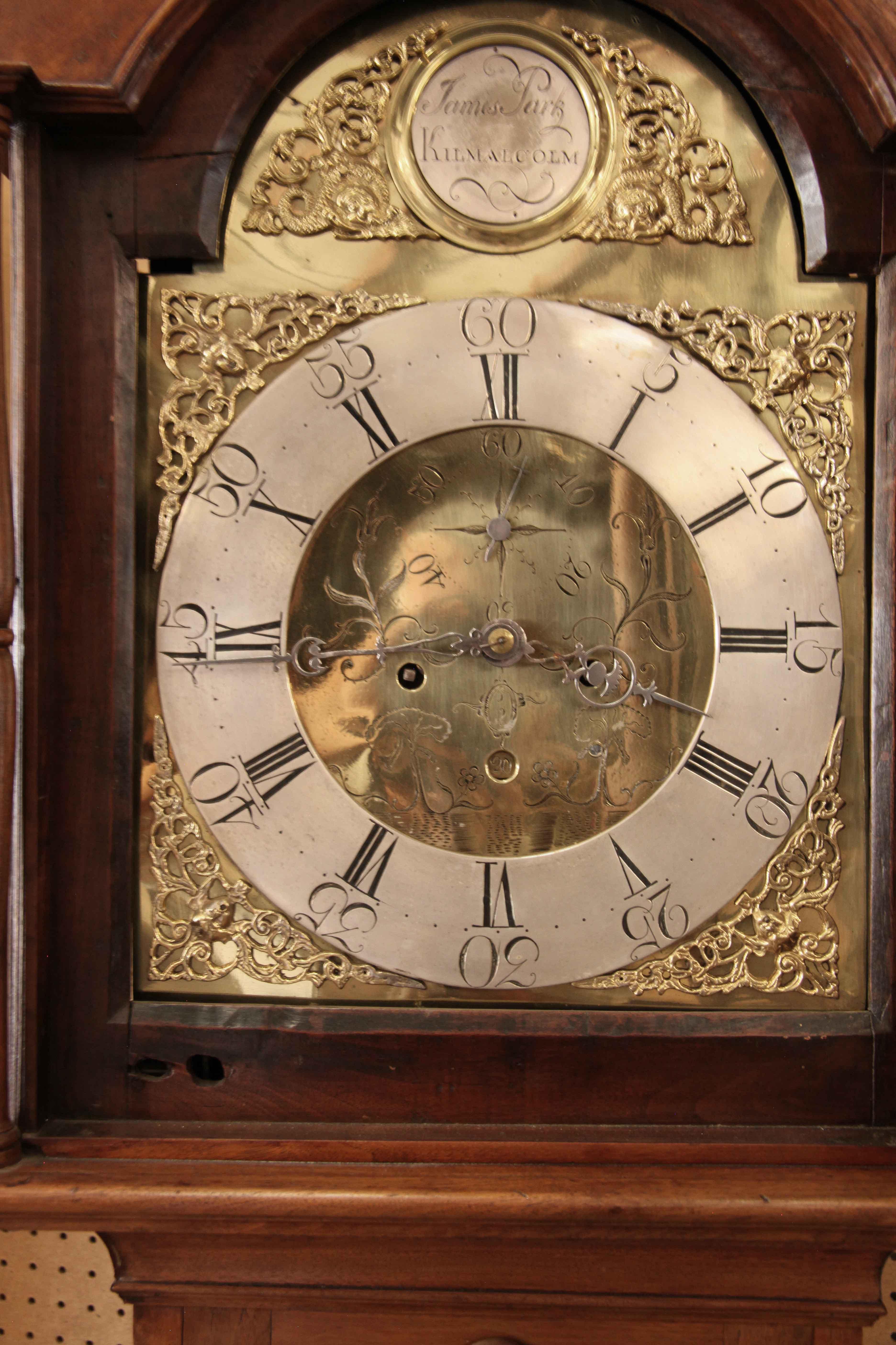 18th Century Walnut Brass Dial Grandfather Clock For Sale 7