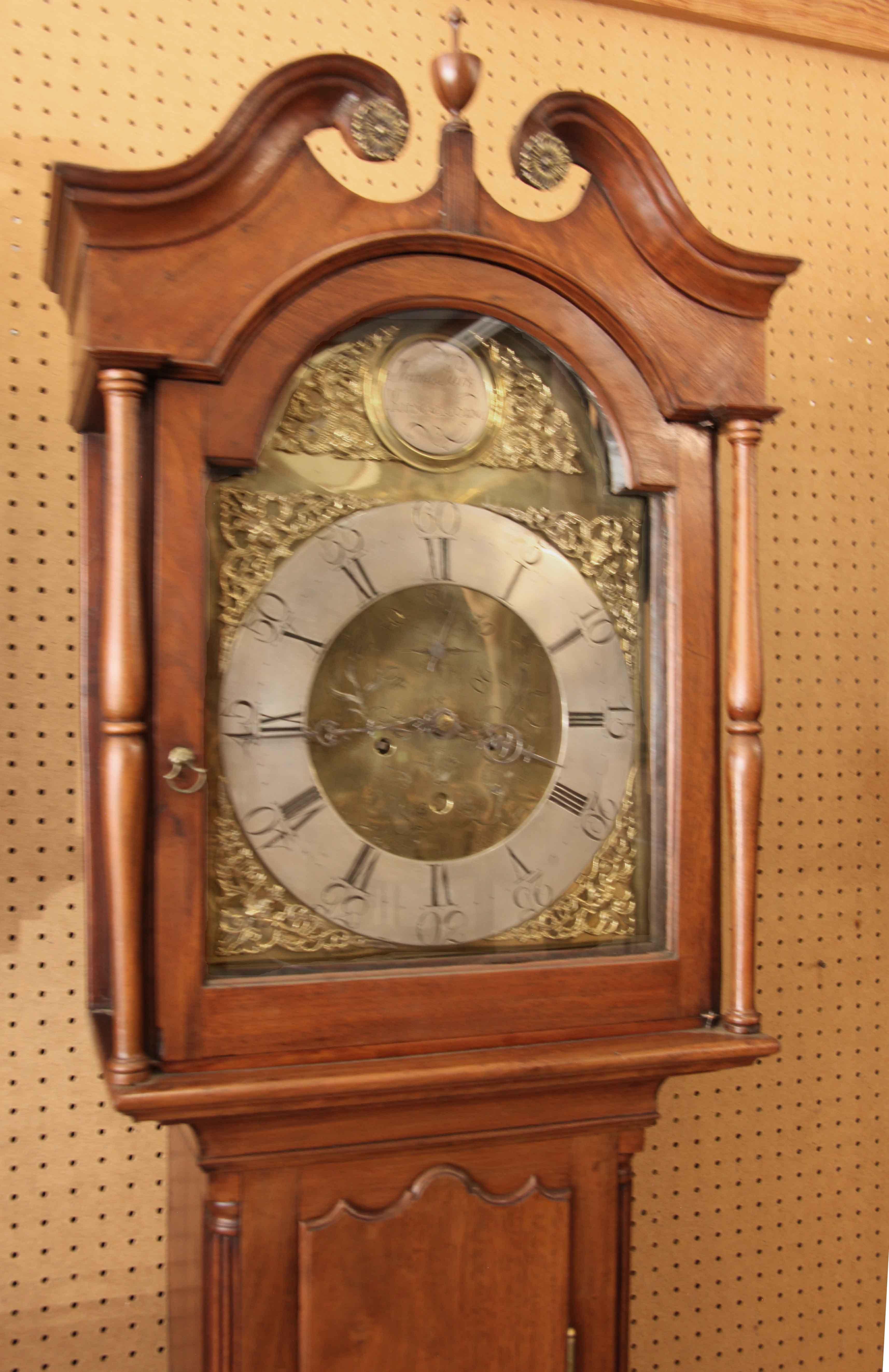 Scottish 18th Century Walnut Brass Dial Grandfather Clock For Sale