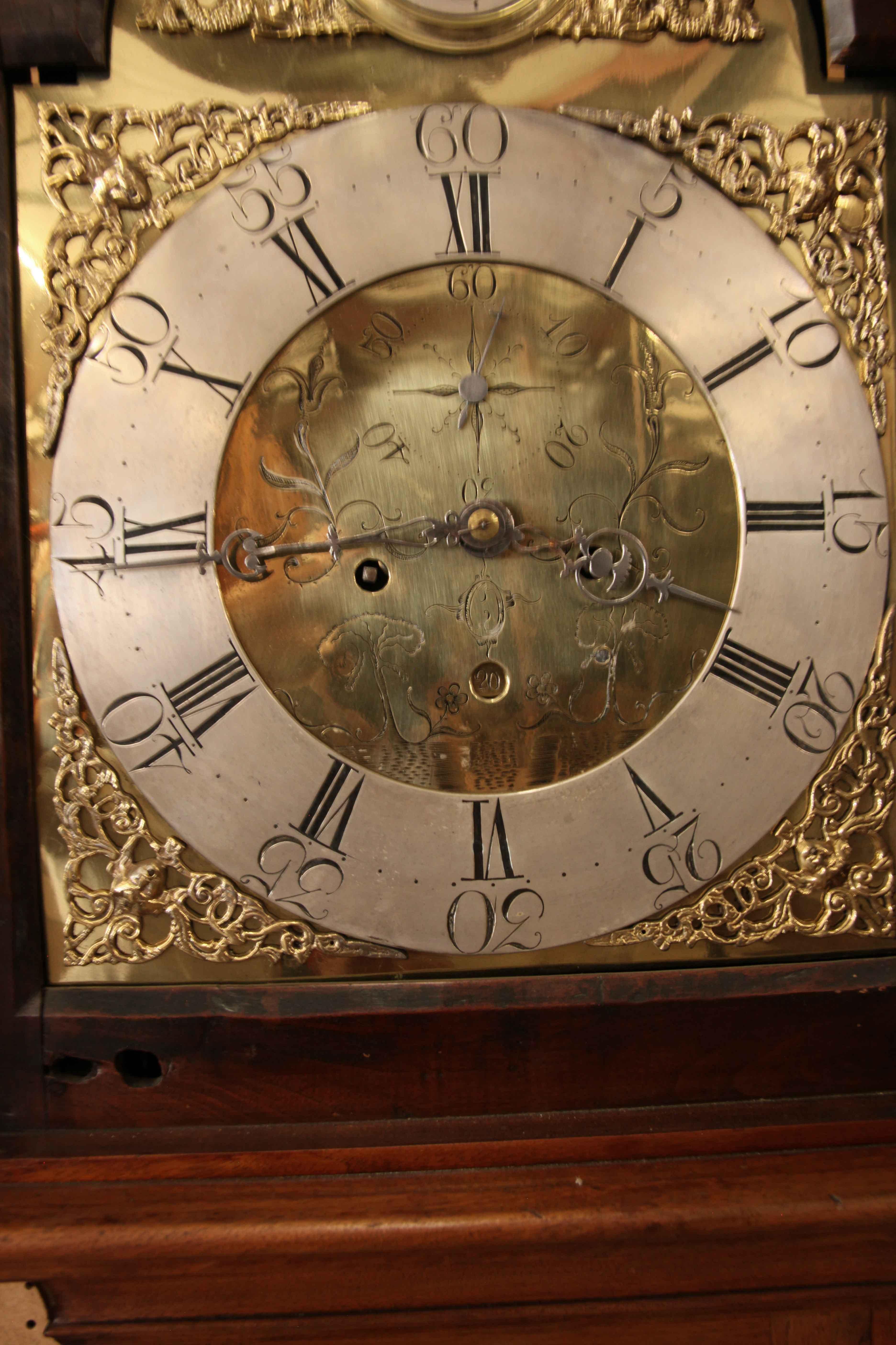 Late 18th Century 18th Century Walnut Brass Dial Grandfather Clock For Sale