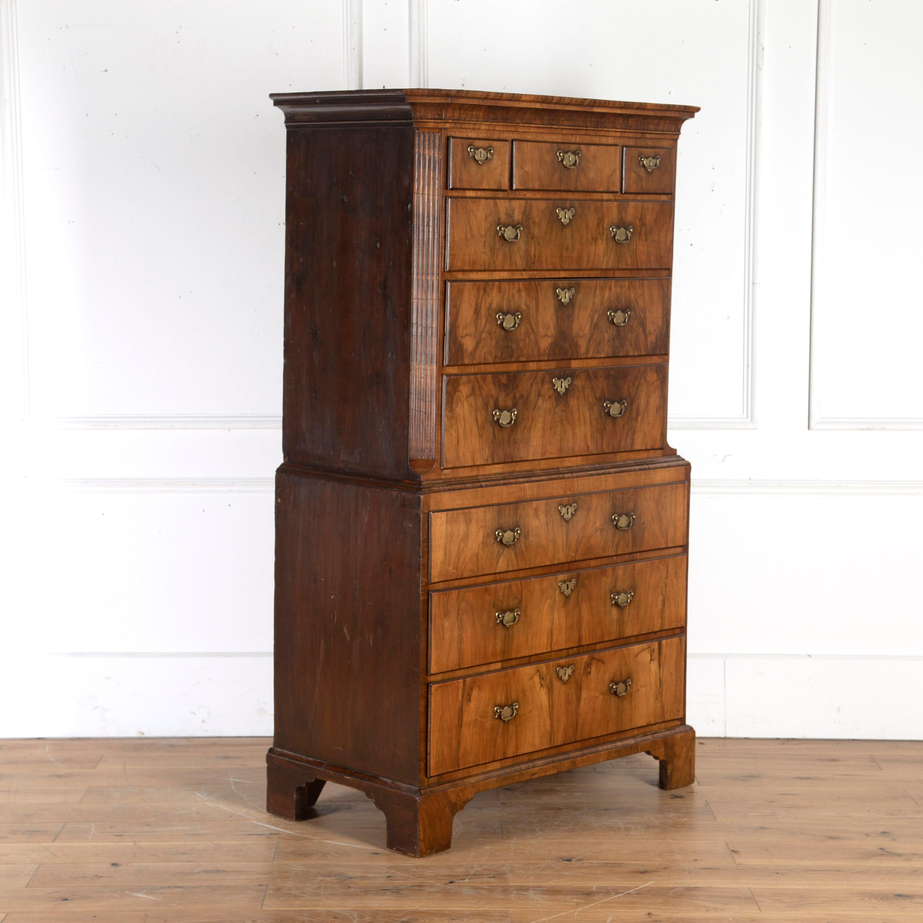 Wonderful late 18th century chest on chest.

This piece is in walnut with pine sides. It has excellent proportions; the top section offers three small drawers above three longer graduated ones, and there are three further graduated drawers to the