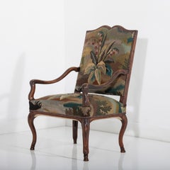 18th Century Walnut French Open Armchair in 19th Century Wild Strawberry Tapestr
