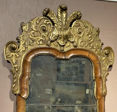 Fine English Queen Anne/George I Carved & Parcel-Gilt Burled Walnut Wall Mirror