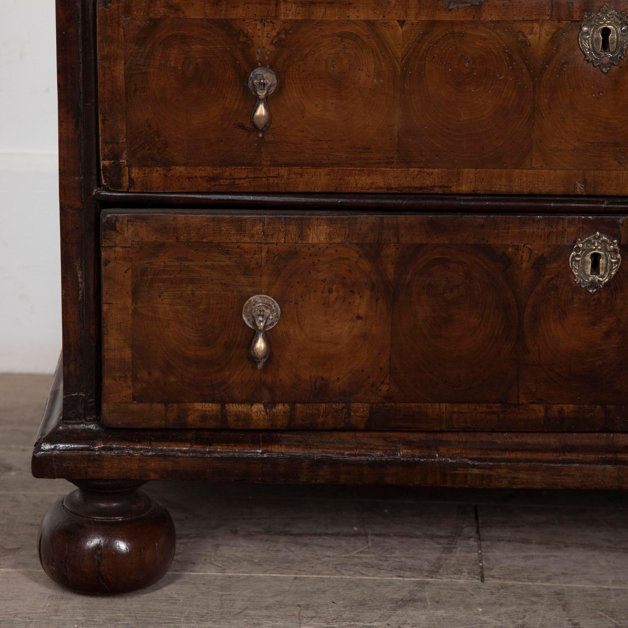 Brass 18th Century Walnut Oyster Chest of Drawers For Sale
