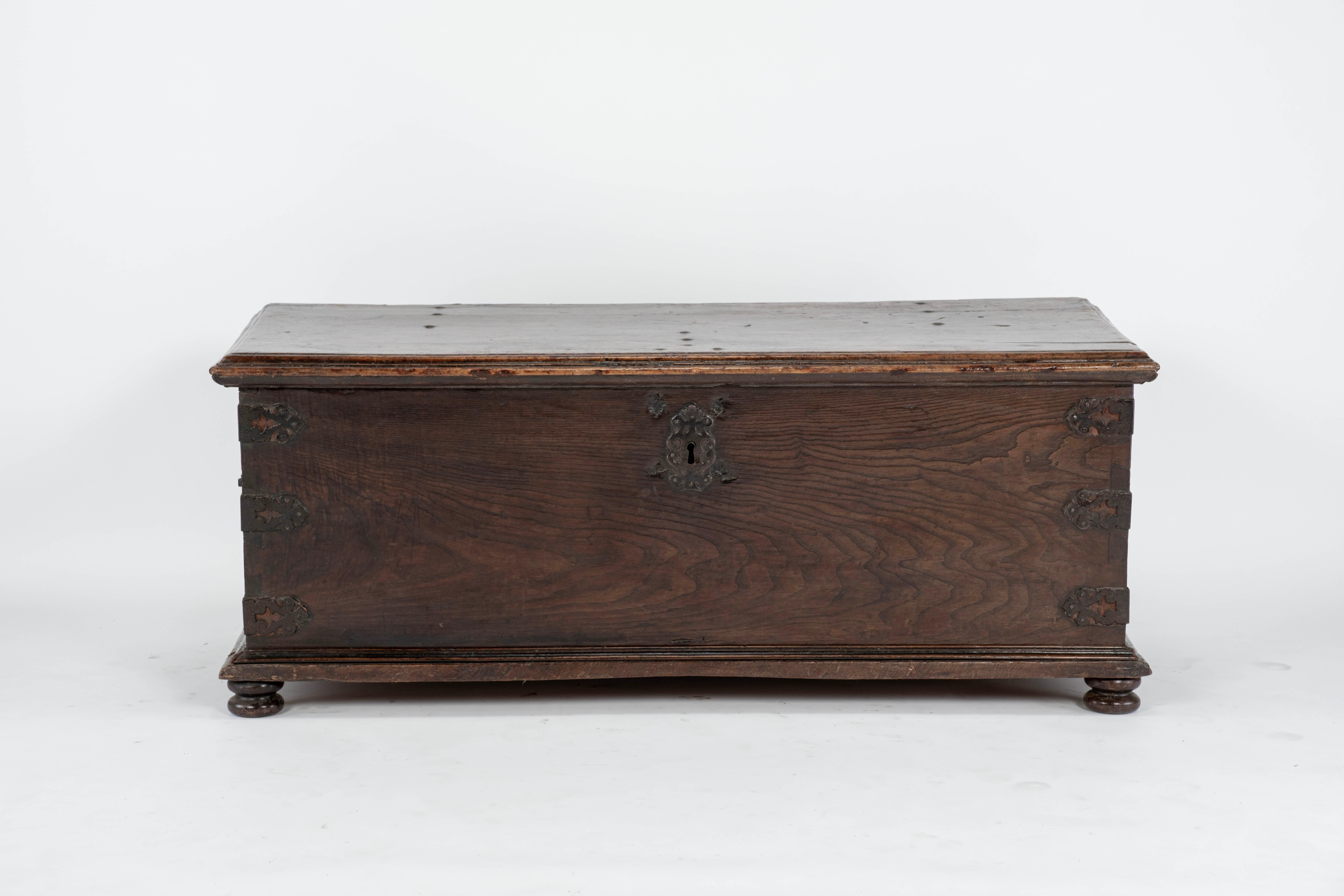 Beautiful walnut trunk with original hardware and key. Spectacular patina and single planks used in sides and top. Hard to find pieces like these.