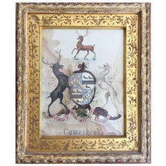 18th Century Watercolor English Coat of Arms, Hand-Carved and Gilded Frame