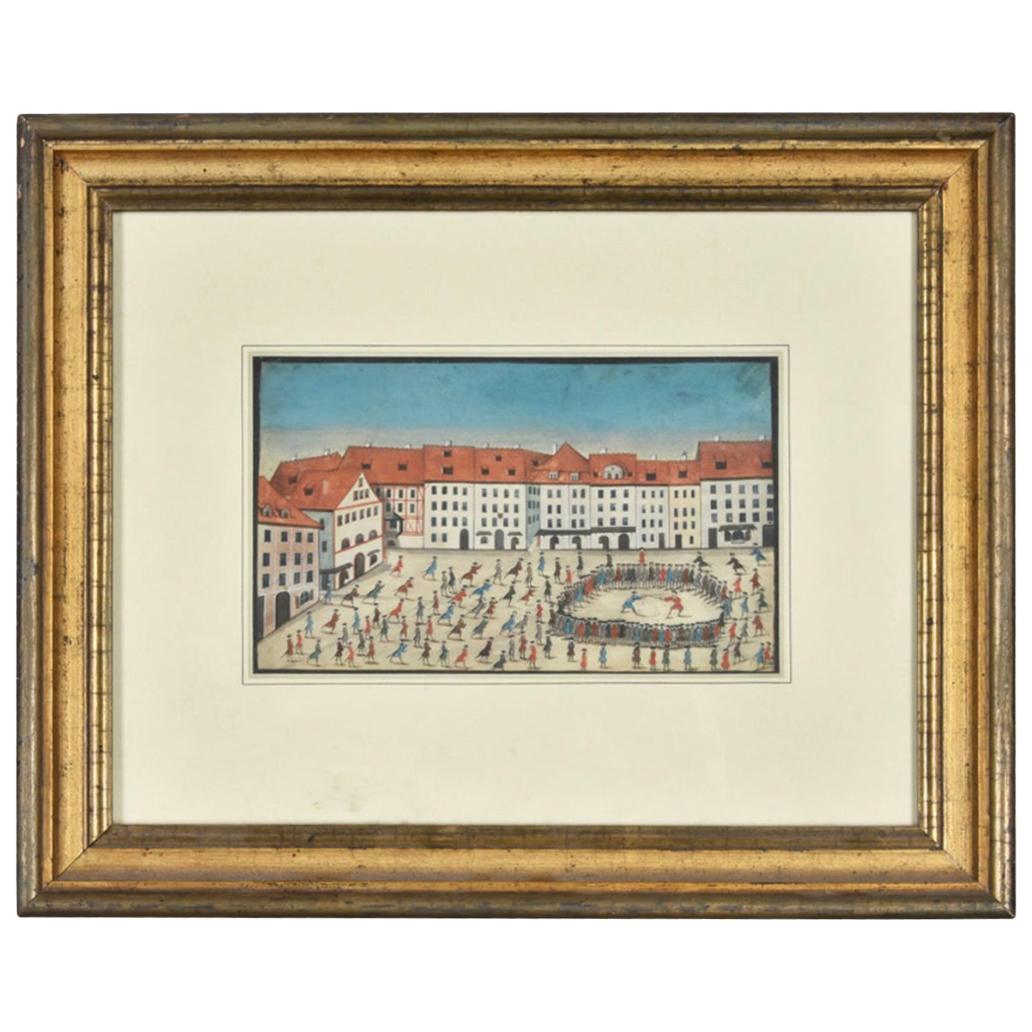 18th Century Watercolor of a Great Sword Duel in Germany For Sale