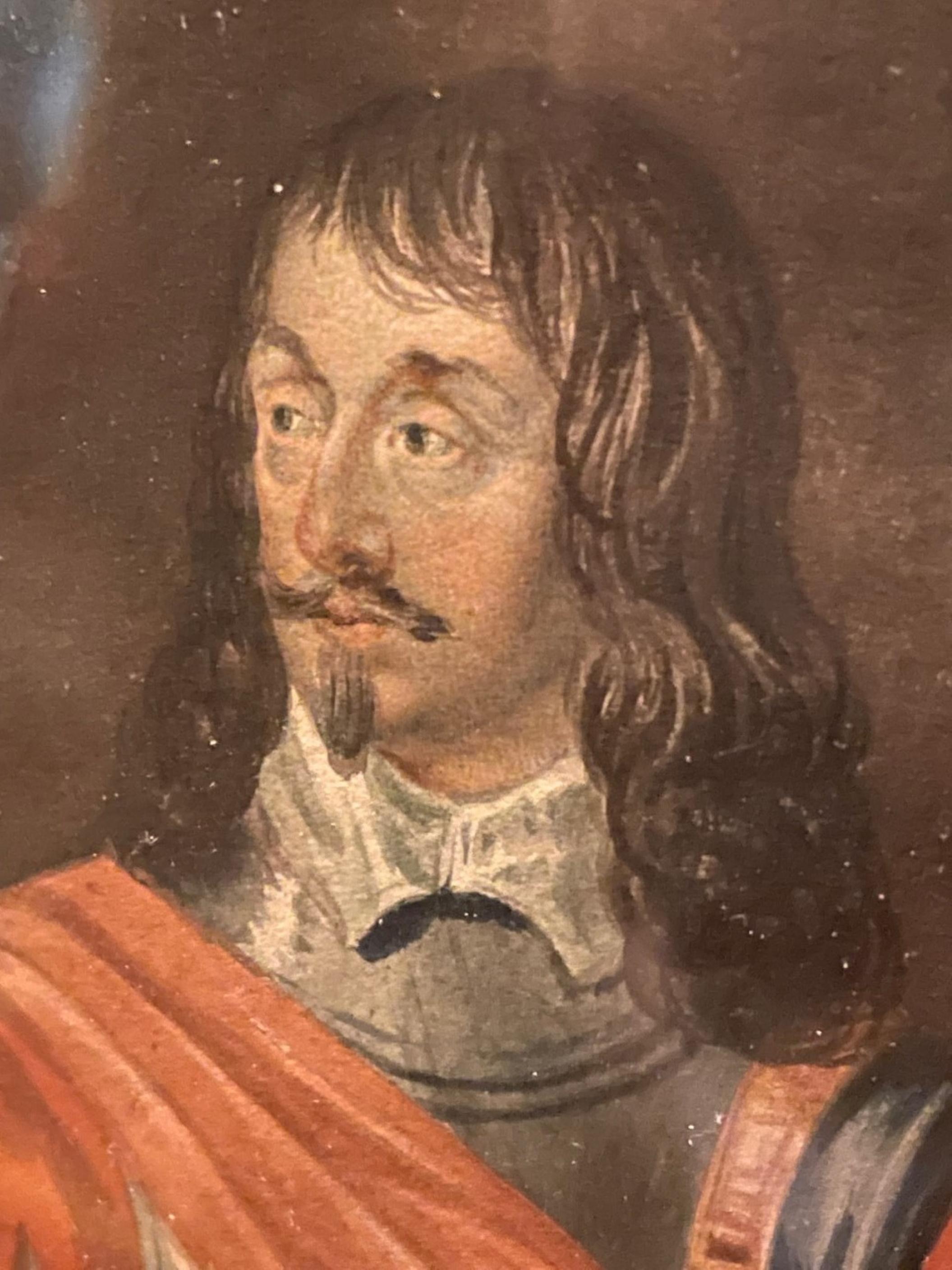 Papier Portrait à l'aquarelle de Sir John Mennes du 18e siècle d'après Anthony van Dyck en vente