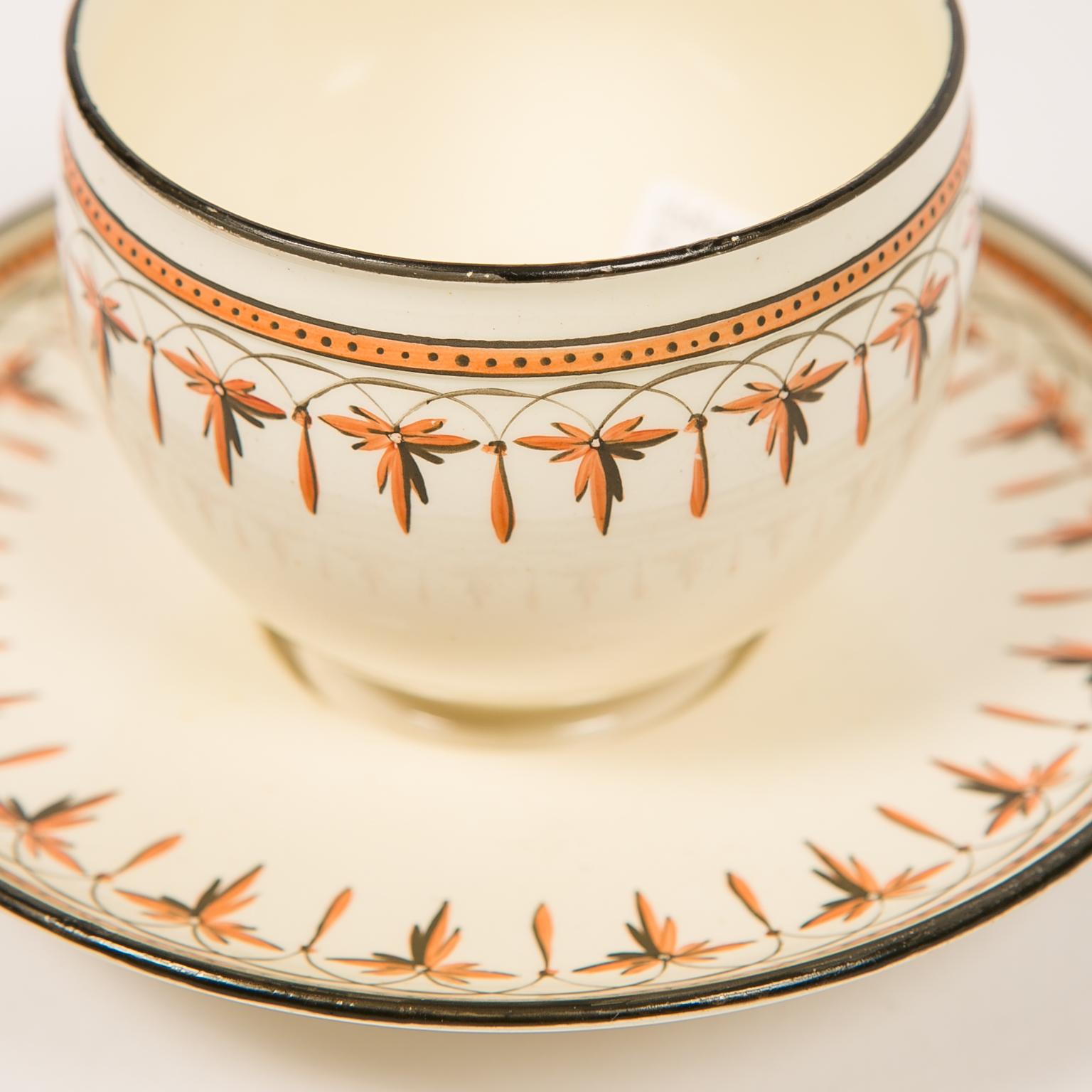 We are pleased to offer this 18th century Wedgwood creamware cup and saucer decorated with a neoclassical design. The design can be found in 