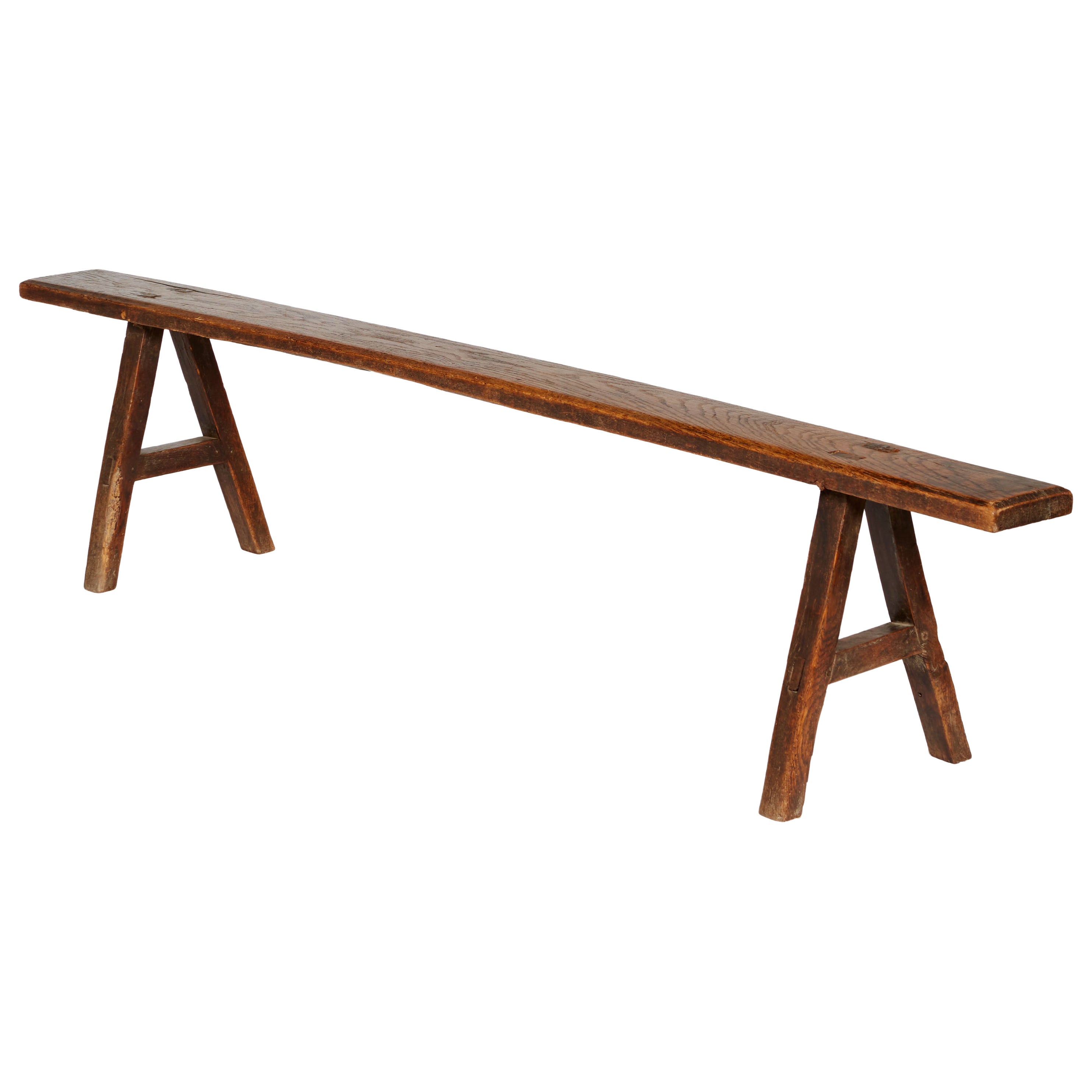 18th Century Welsh Oak Plank Bench with Splayed A-Frame Supports, 77" Long For Sale